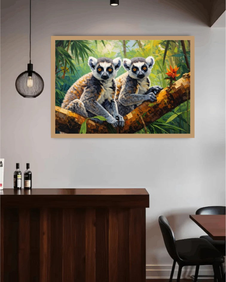 Framed artwork of two lemurs on a branch in a jungle setting, hanging on a wall above a wooden desk.