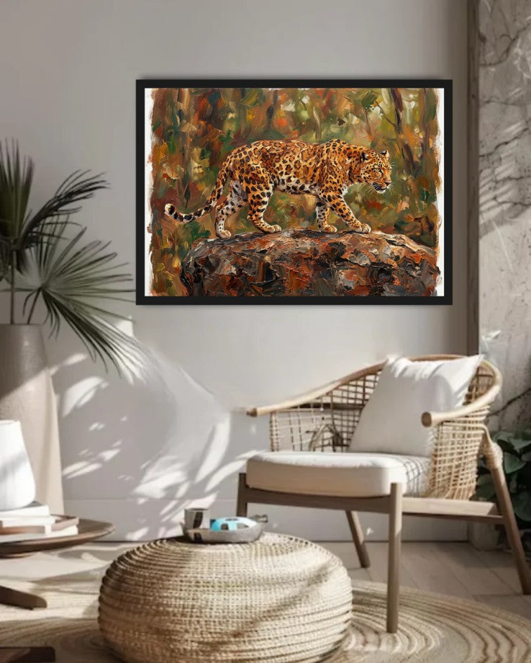 Framed cheetah artwork displayed in a bright modern living room with beige furniture and natural decor