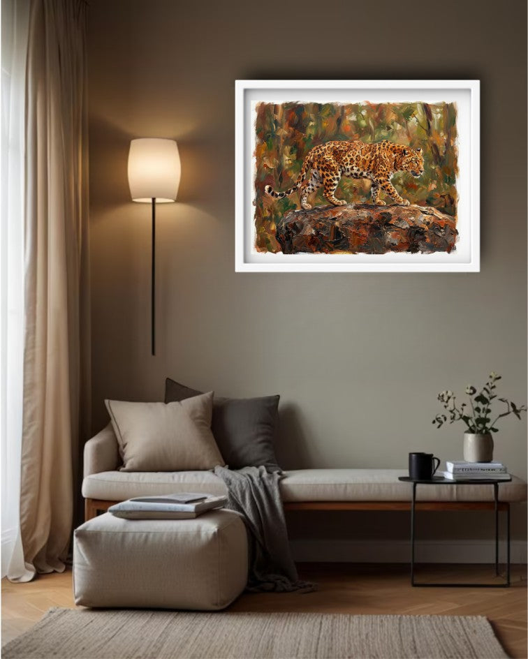 Cheetah wildlife canvas painting mounted above a bed in a cozy modern bedroom.