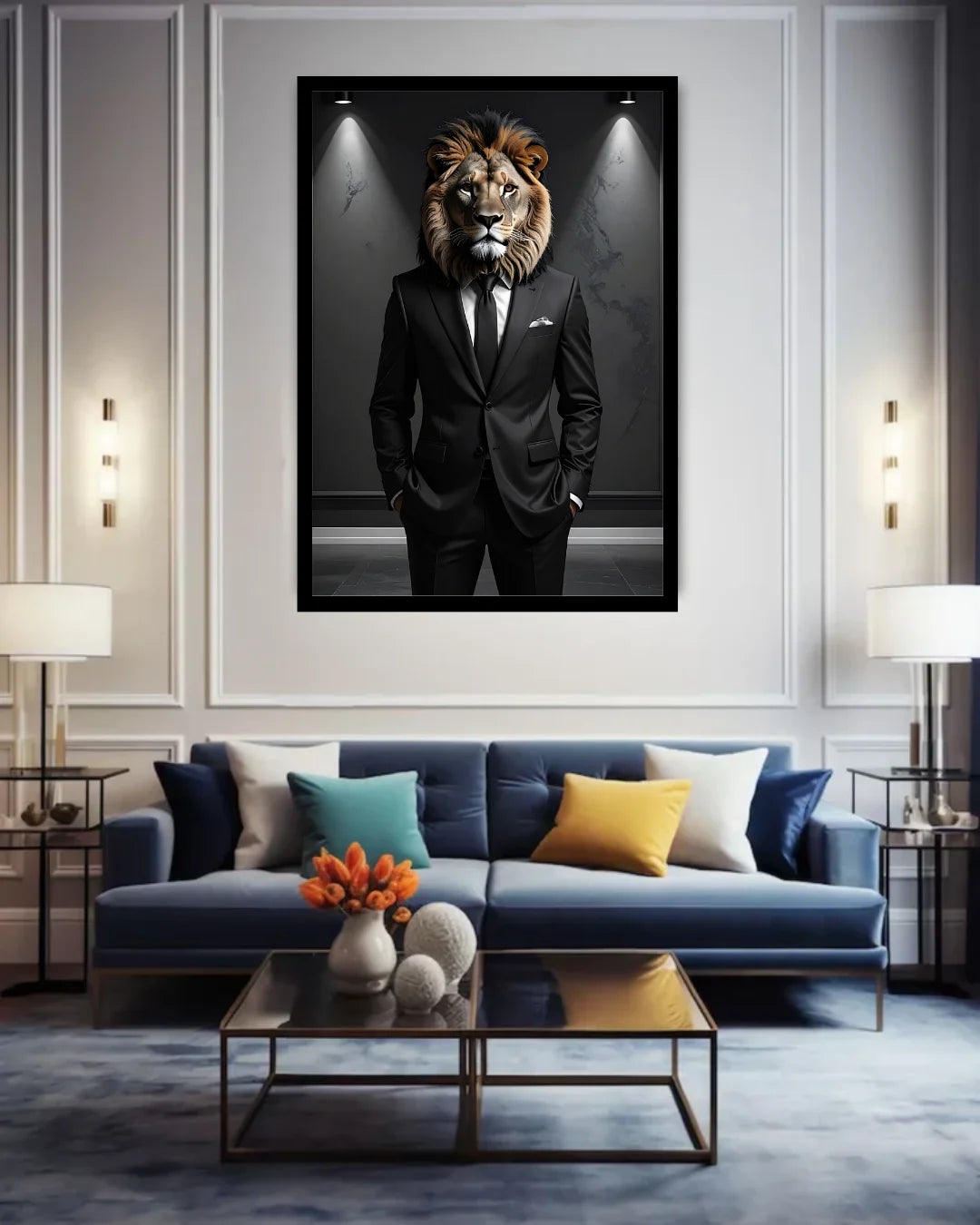 Living room with a blue sofa, decorative pillows, and a framed picture of a lion in a suit.