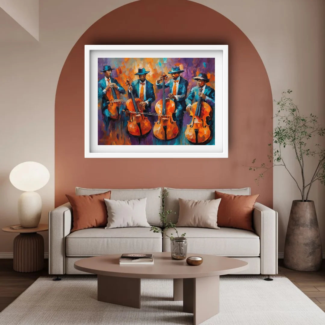 Living room with a colorful painting of musicians on a wall above a sofa.