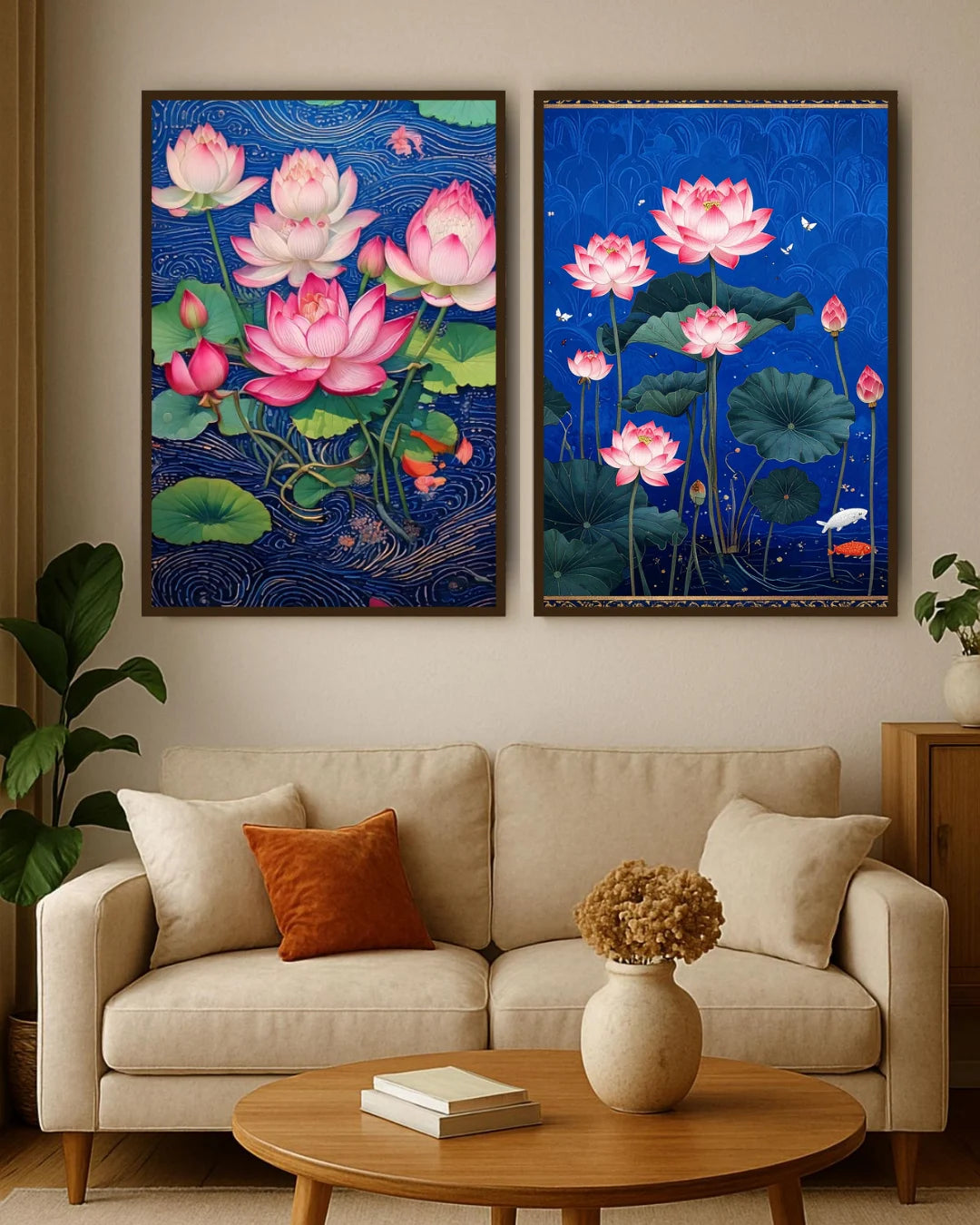 Two framed lotus flower paintings above a beige sofa in a living room.