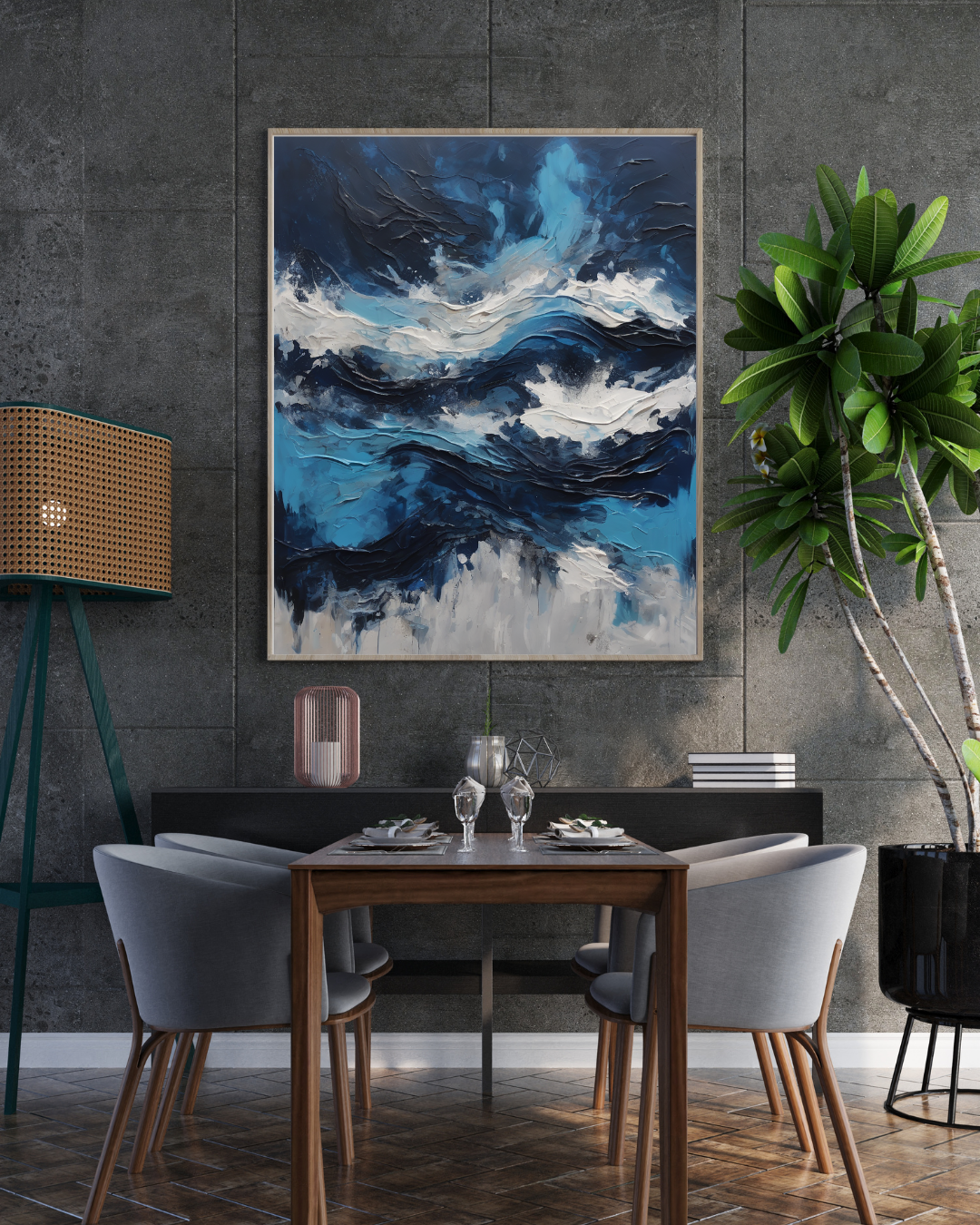 Abstract blue ocean canvas displayed on a dark modern wall with minimalist décor.