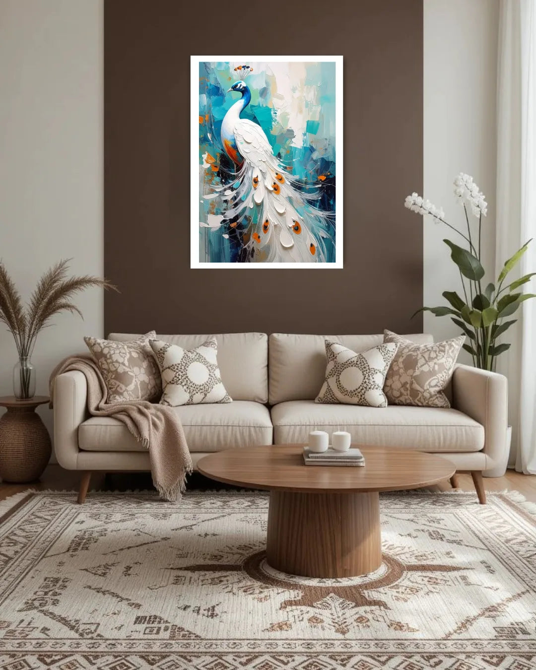 Elegant peacock wall painting canvas in stylish green living room interior