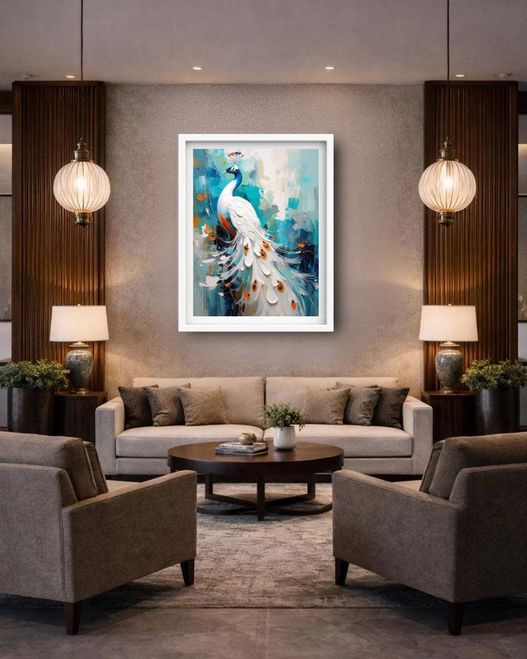 Peacock artwork canvas in modern beige living room aesthetic decor
