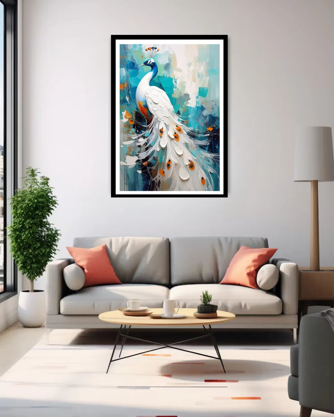 Luxury peacock painting canvas wall art in modern premium interior design