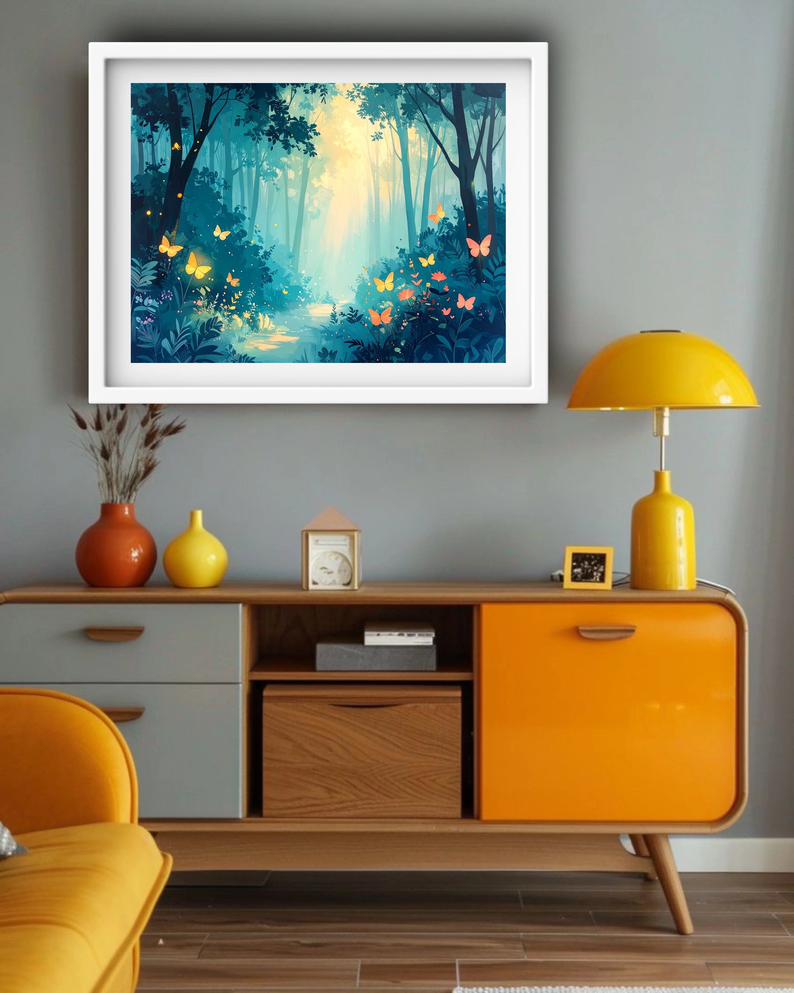 Magical forest art print featuring glowing butterflies, fireflies, and bright sunlight filtering through teal trees.