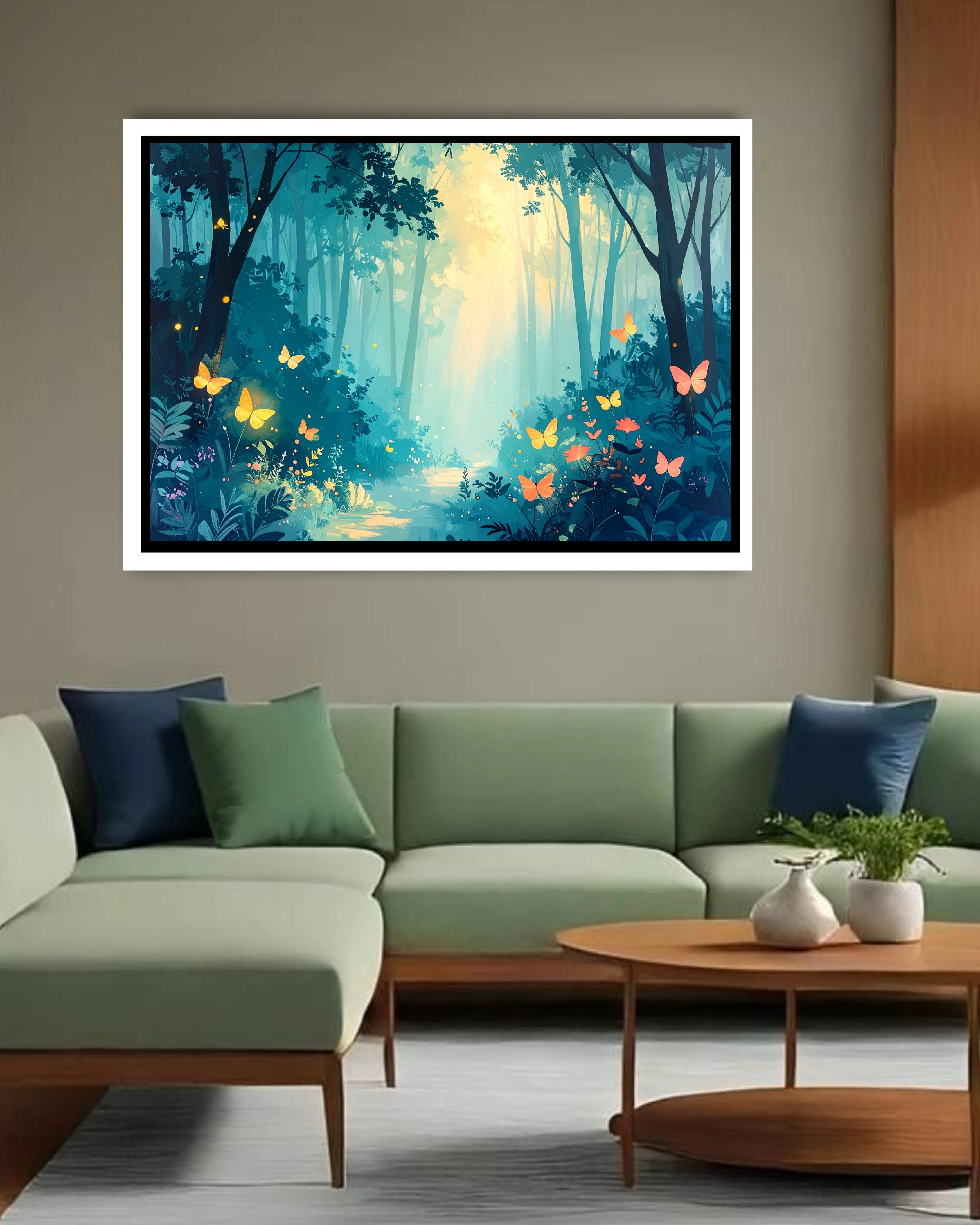 Magical forest art print featuring glowing butterflies, fireflies, and bright sunlight filtering through teal trees.