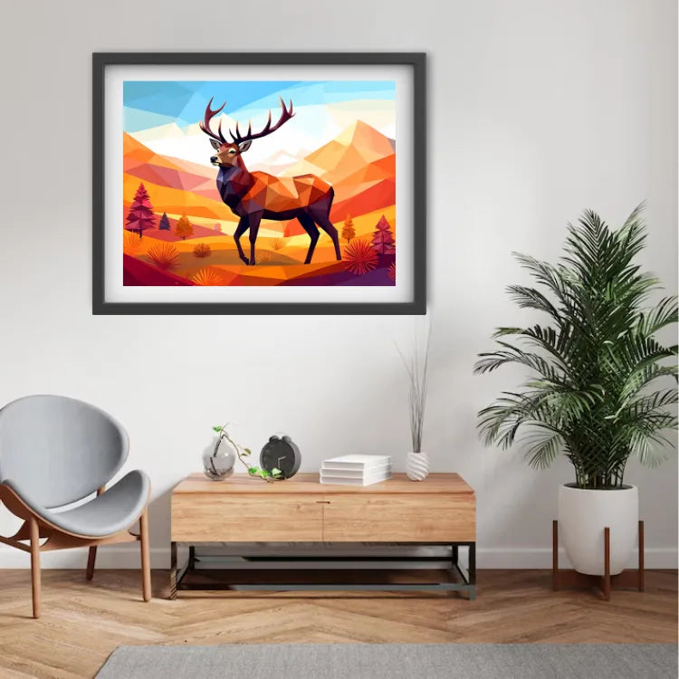 Framed Deer Landscape Canvas Painting Above Modern Sofa