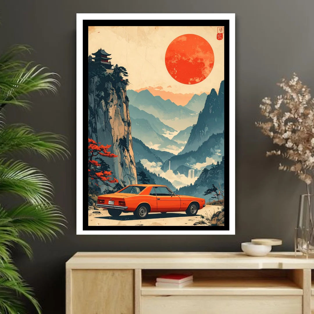 Mid-century retro car mountain landscape