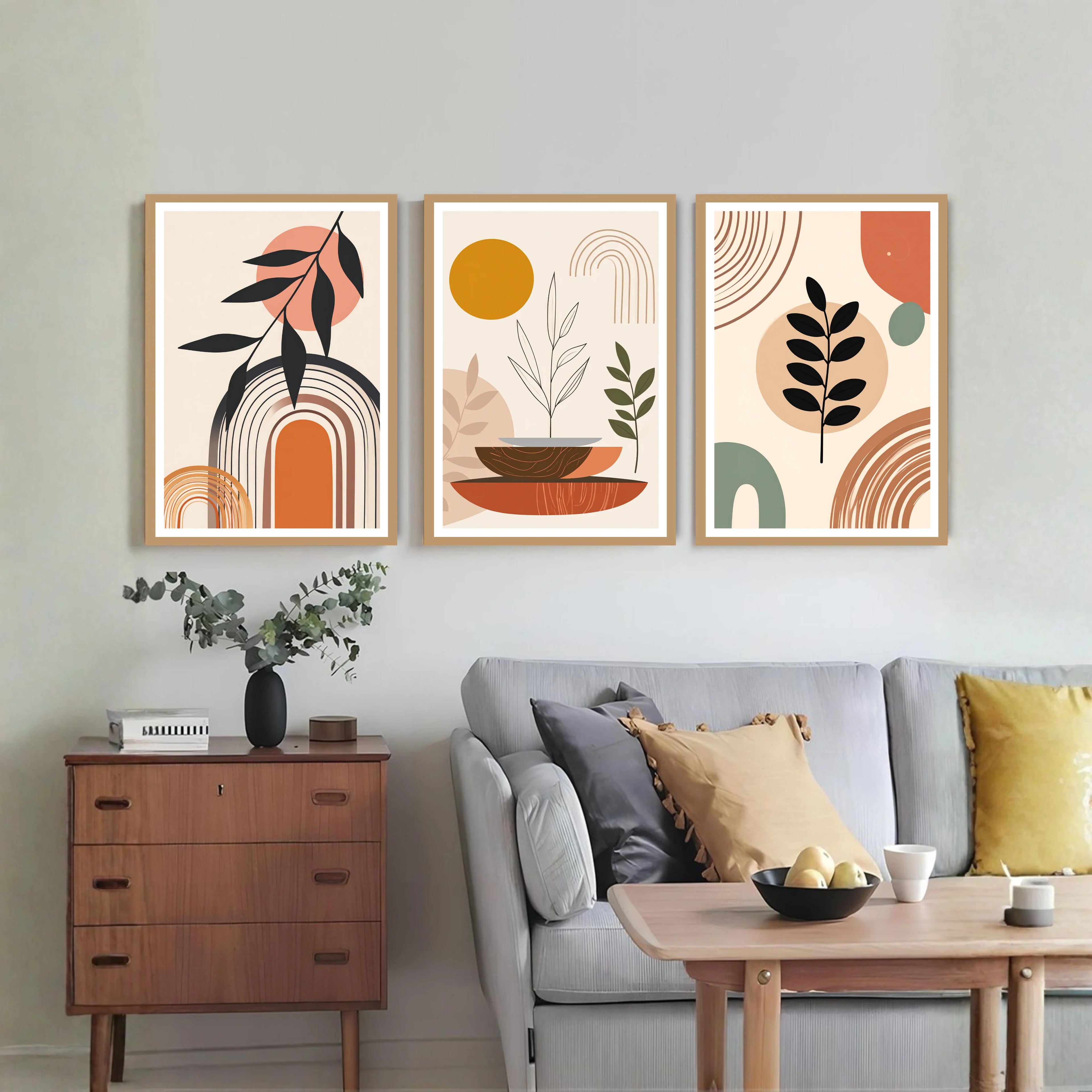 Minimalist boho botanical canvas wall art set of 3 in modern living room