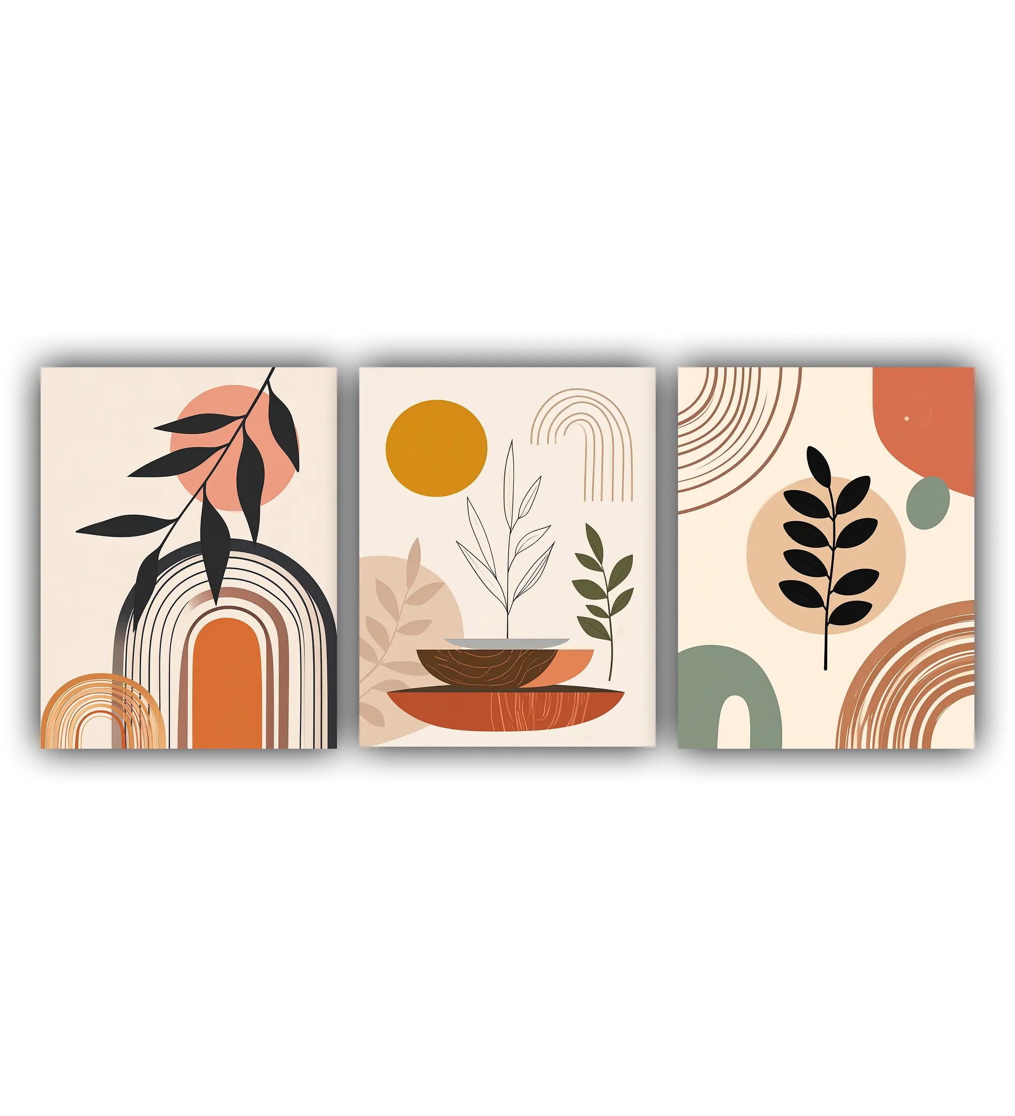 Three abstract art prints with geometric shapes and plants on a beige background.