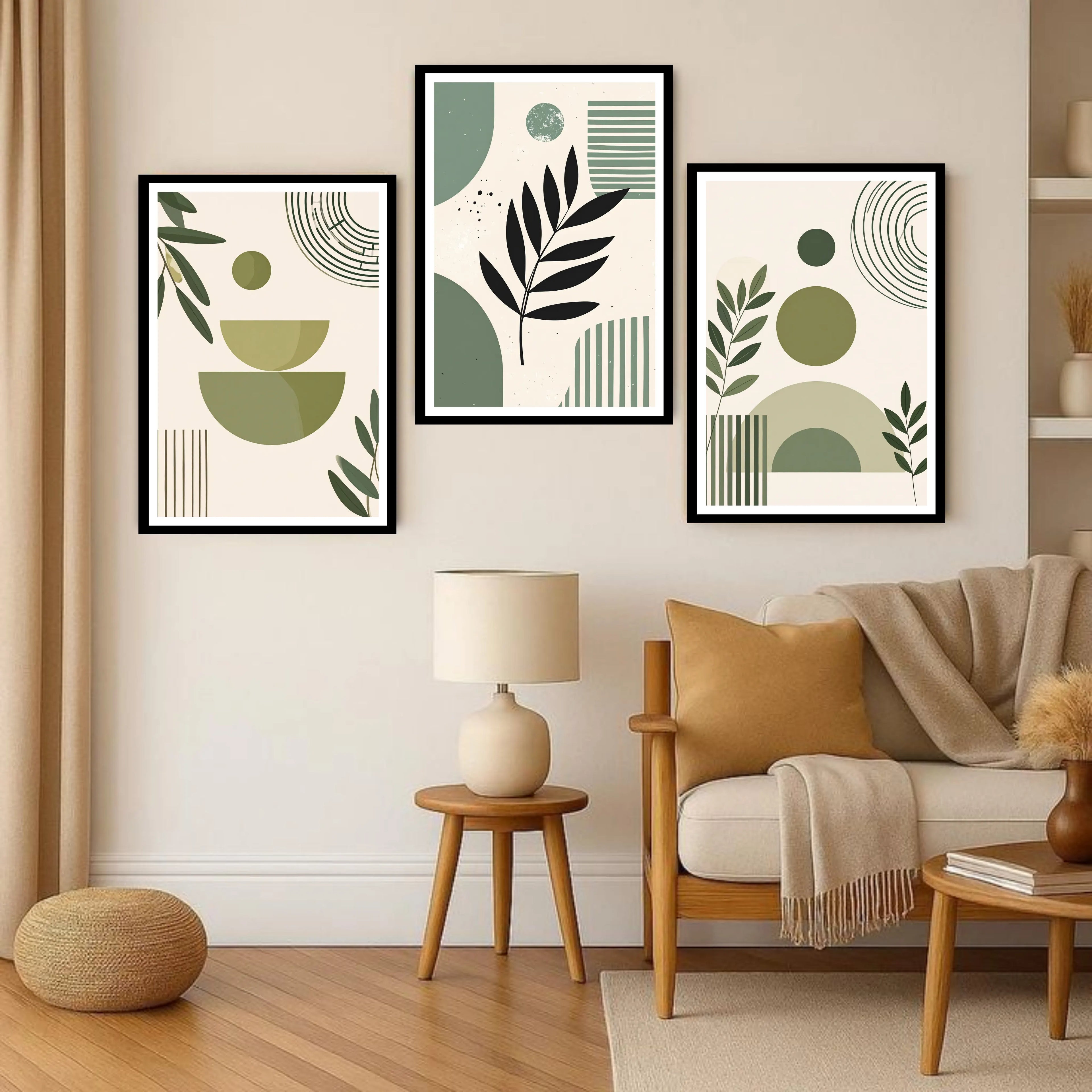 Minimalist botanical abstract wall art set with sage green tones