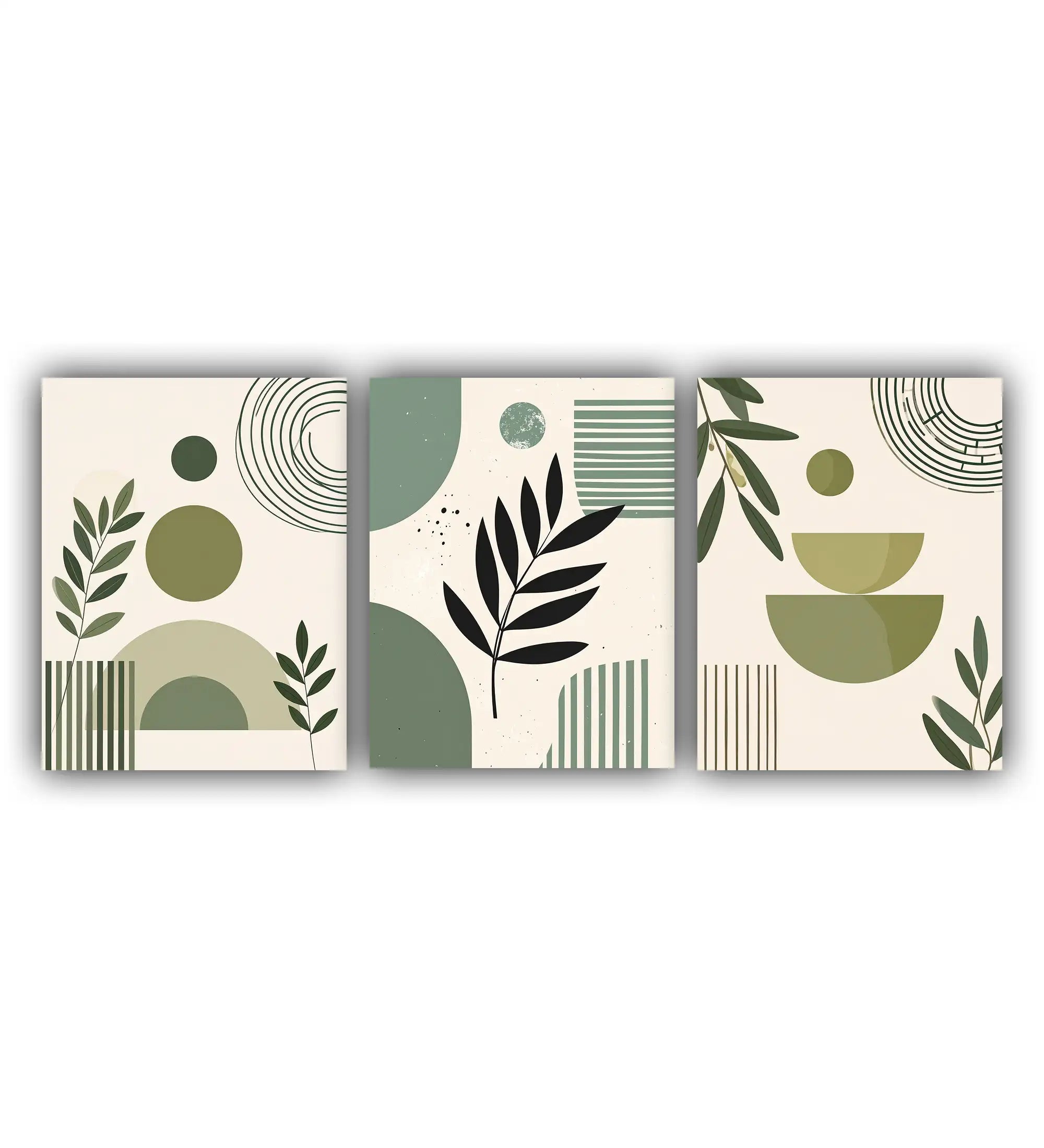 Three abstract art prints with green and black shapes on a white background