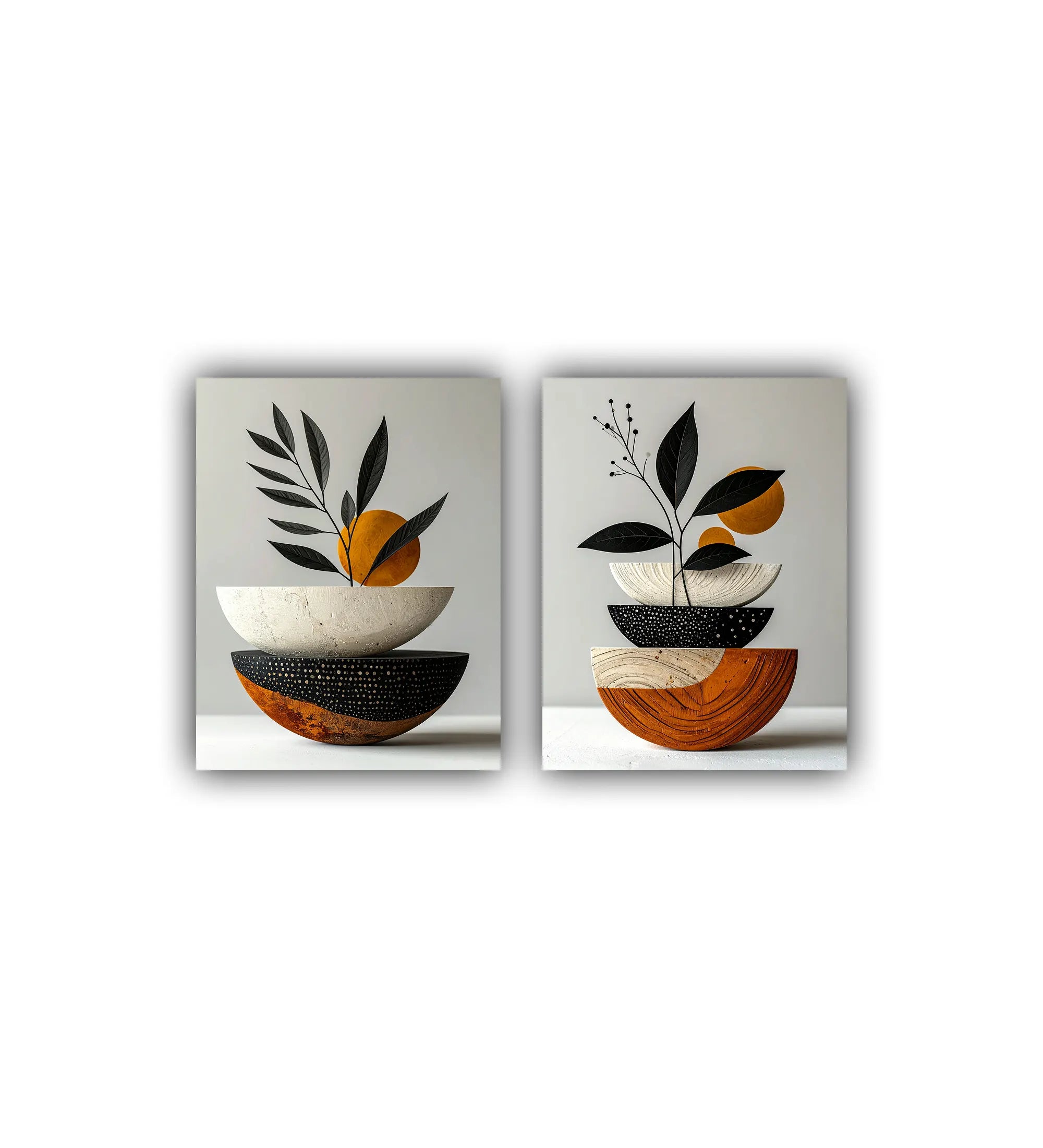 Two abstract wall art pieces with geometric shapes and minimalistic design on a light gray background.