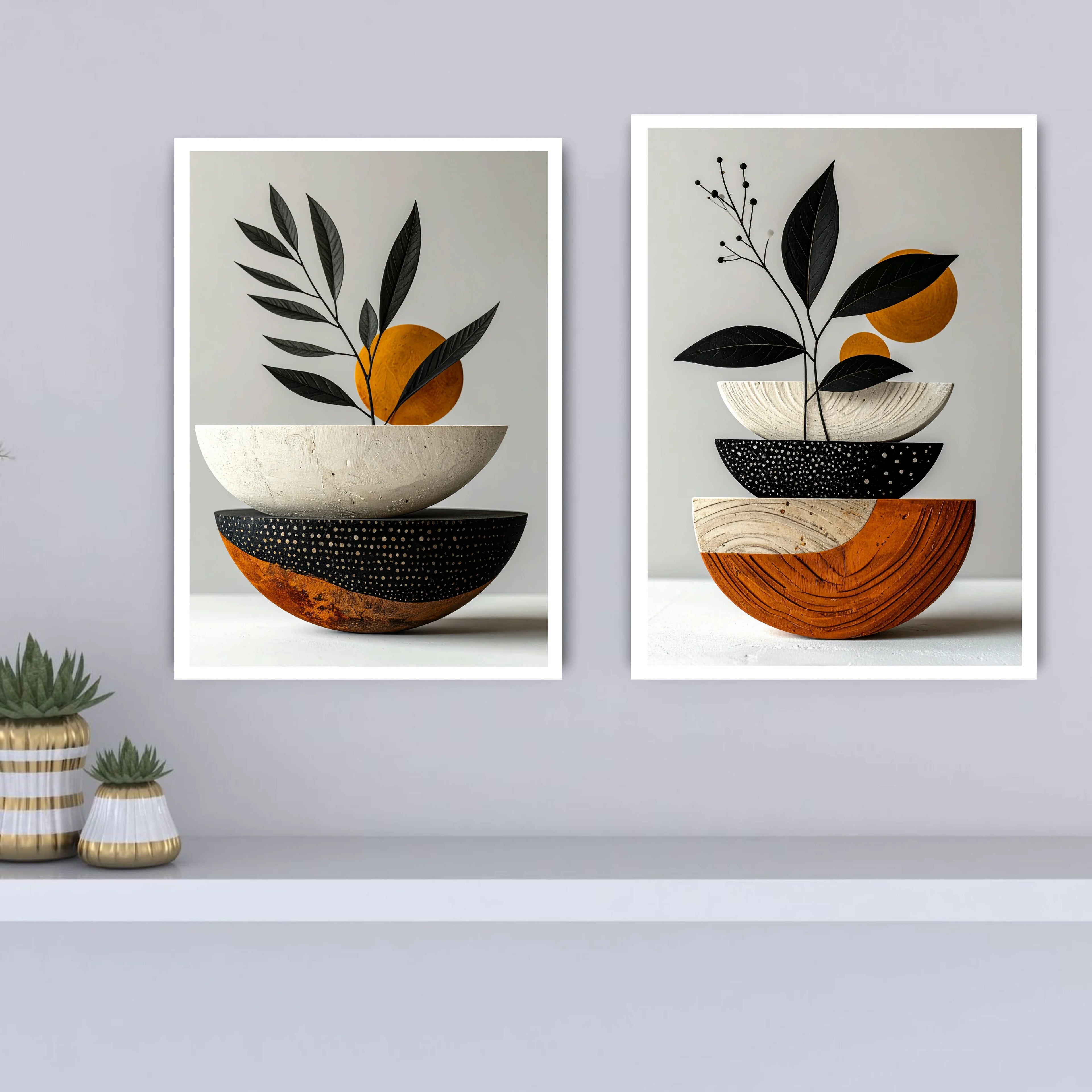 Modern boho botanical prints with abstract bowl shapes