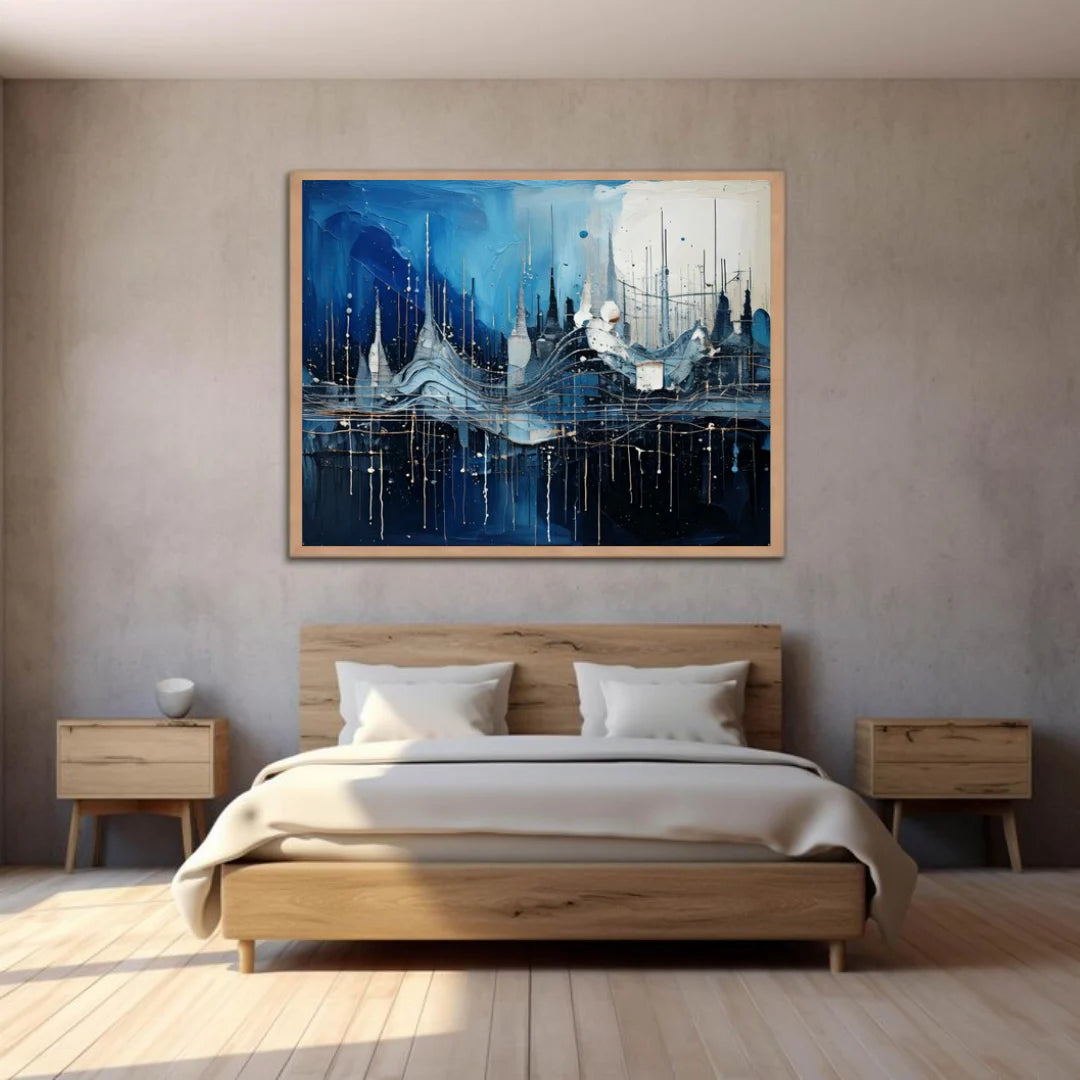 Cityscape canvas painting showcased above a bed inside a minimalist bedroom setup.
