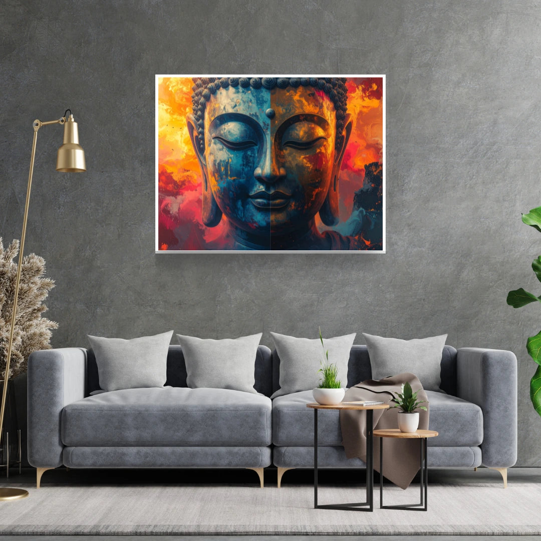 Modern Buddha art canvas mounted above a grey sofa in a contemporary living room.