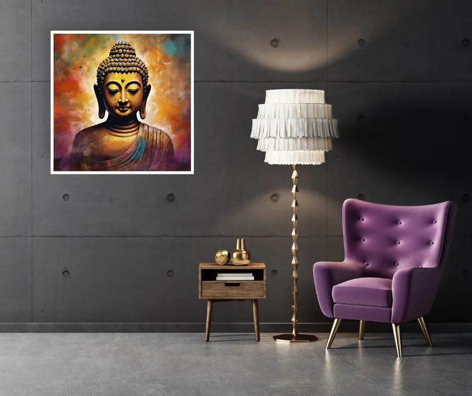 Golden Buddha wall art framed above a desk setup in a contemporary dark interior space.