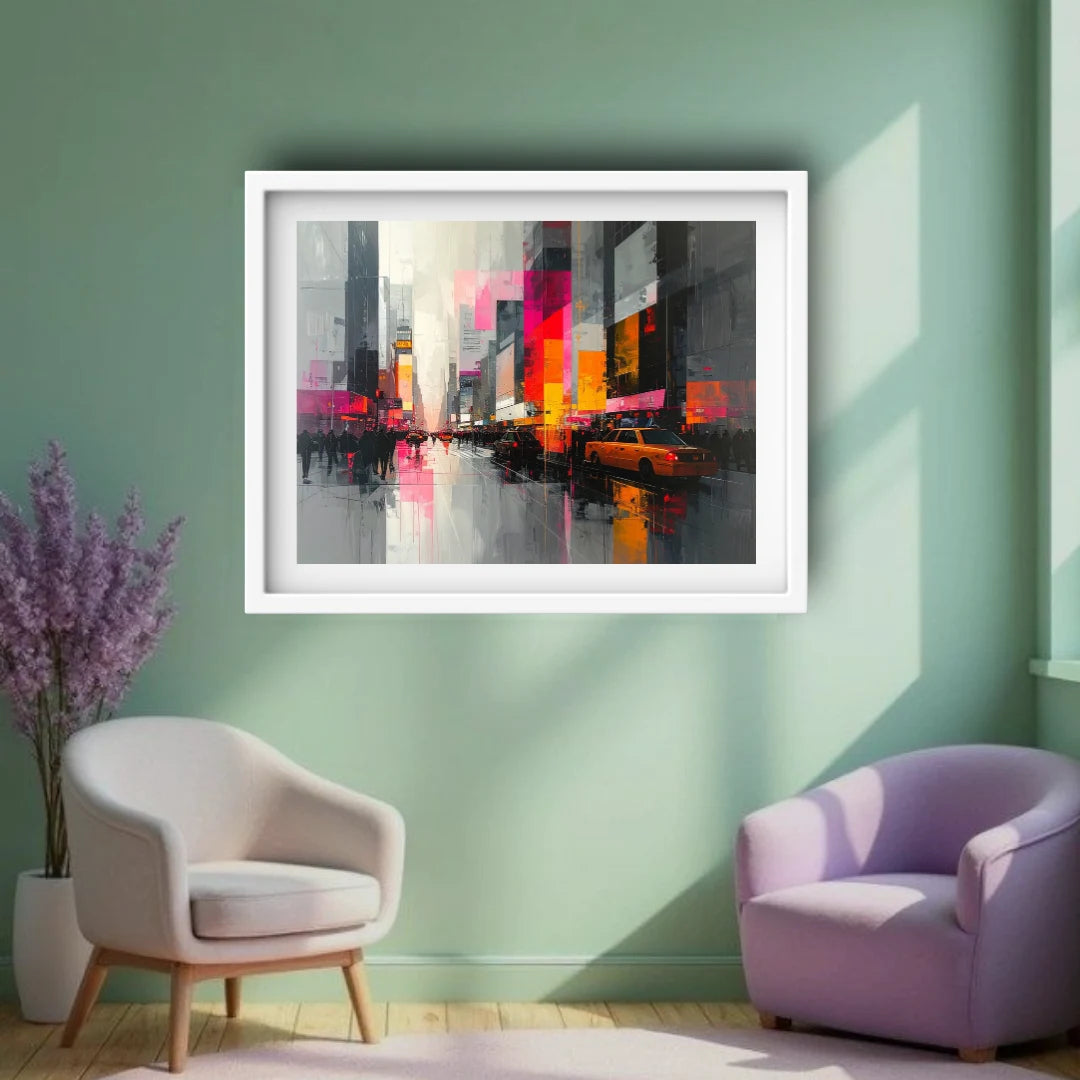 Cityscape abstract painting showcased above a green chair inside a modern interior setup.