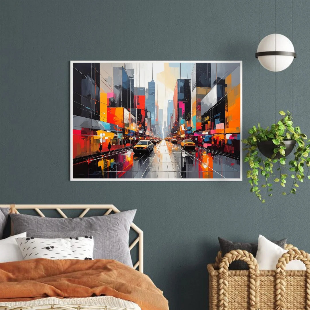 Cityscape canvas painting showcased above a cozy bed in a modern interior space.