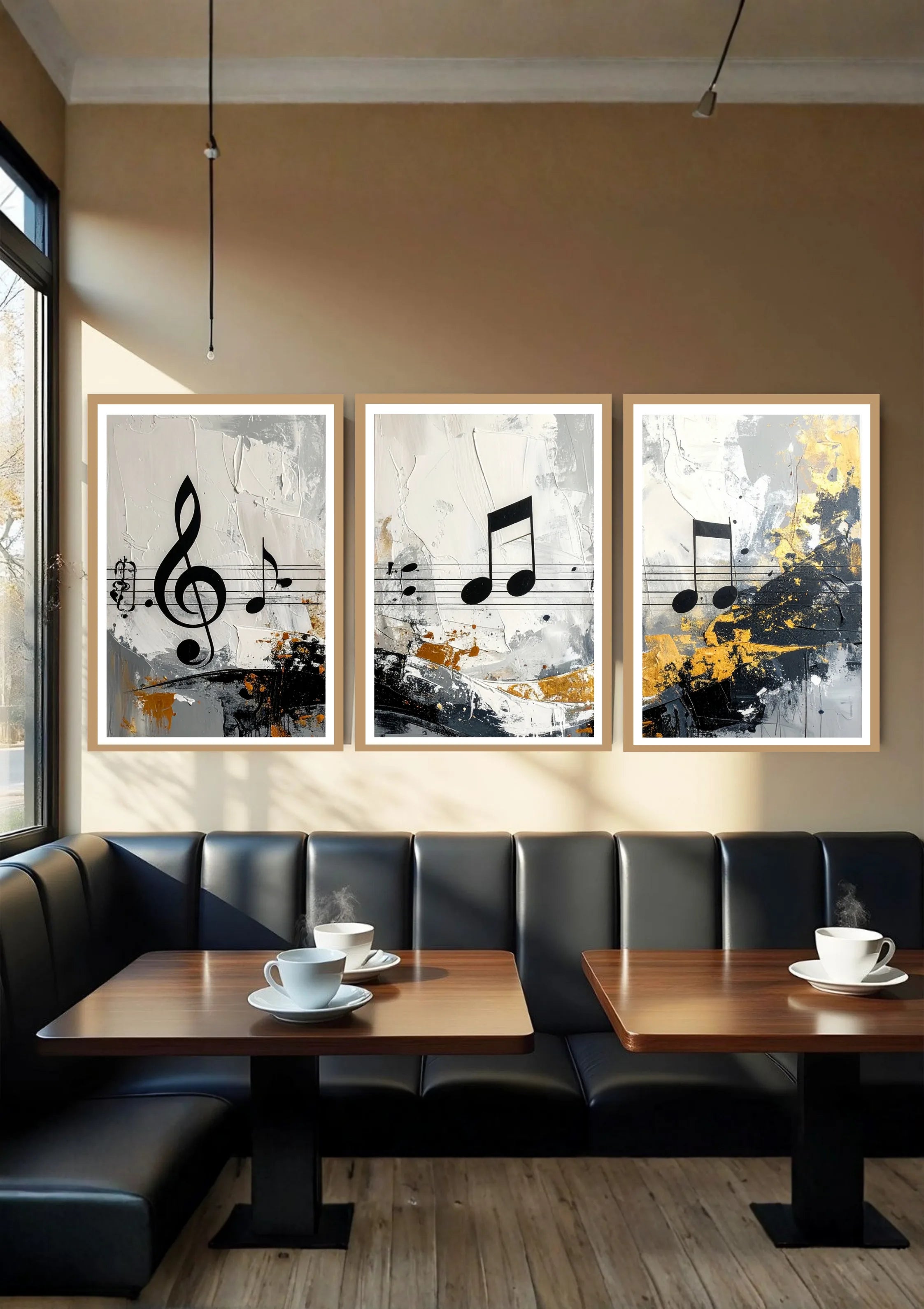 Three-piece music canvas art displayed in a contemporary dining space.