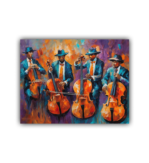 Colorful musician painting framed and displayed in a modern furnished living space.