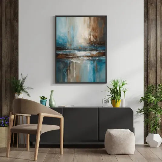 Modern blue and brown abstract painting mounted above a console in a contemporary living room.