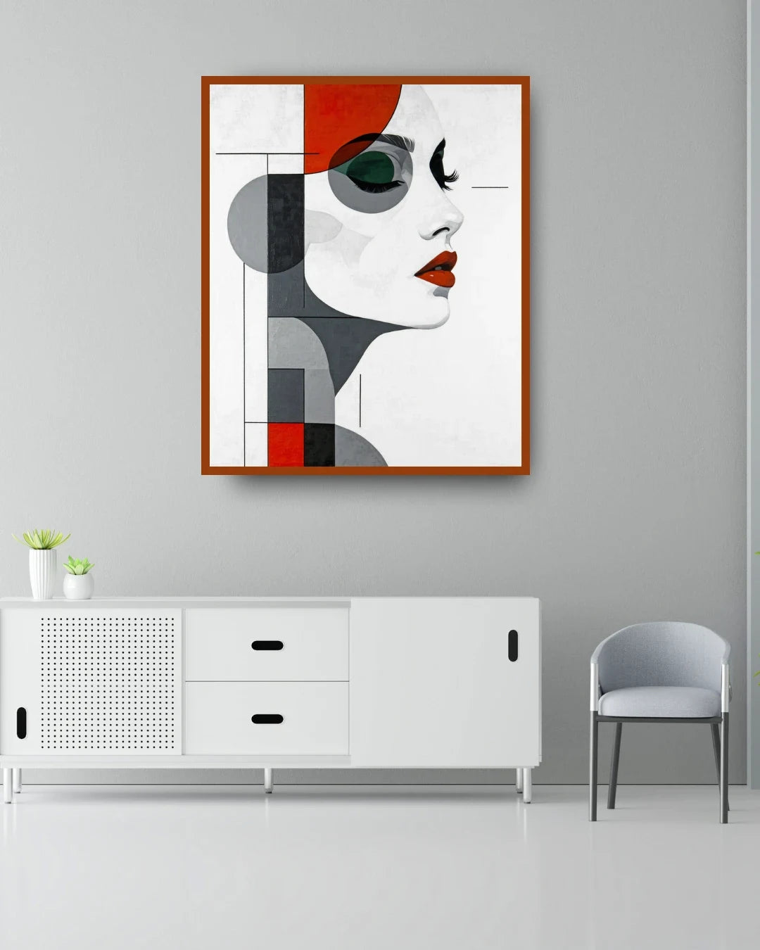Minimal abstract portrait wall painting in black red and grey tones for modern interiors