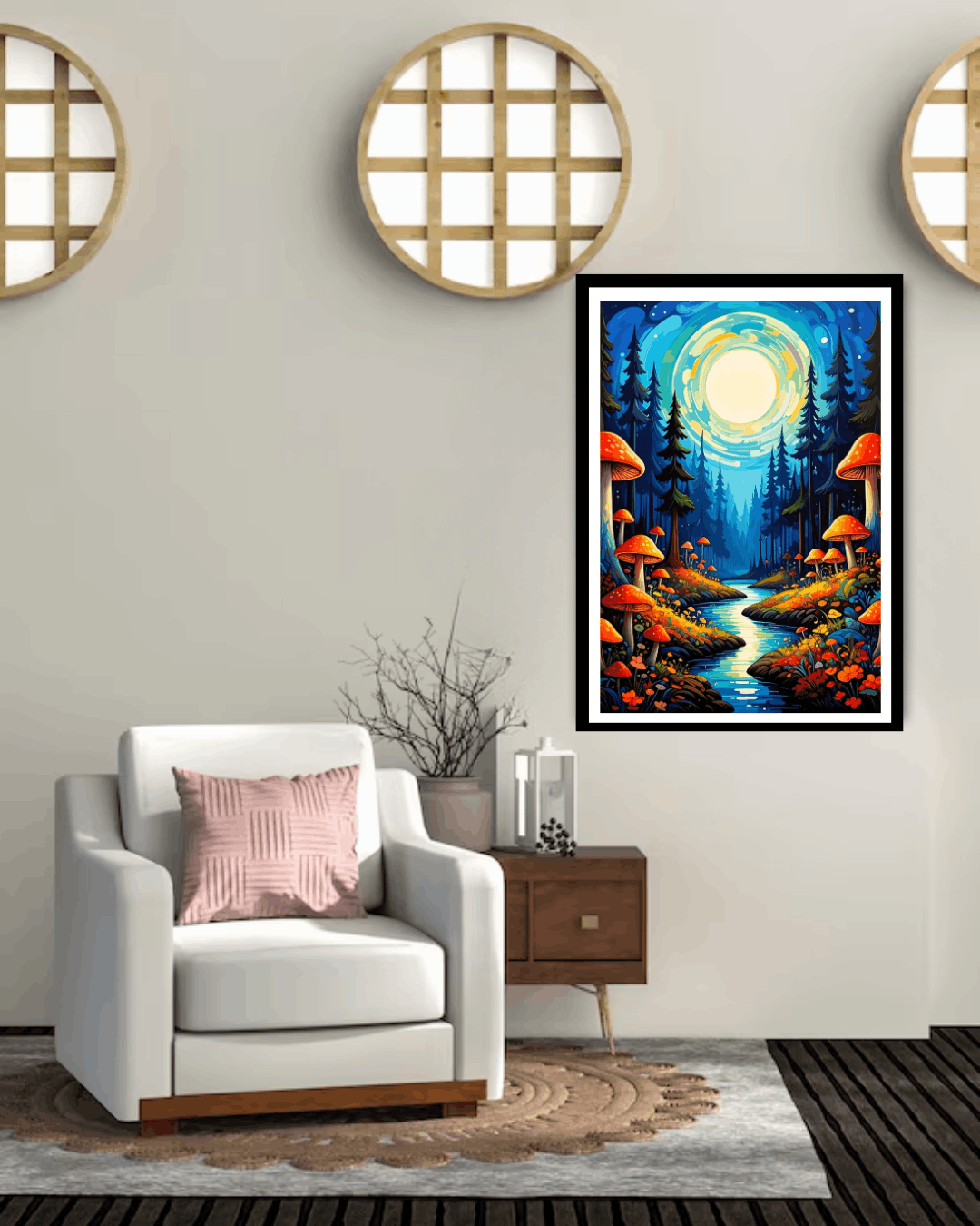 Framed artwork of a forest scene with mushrooms in a living room setting.