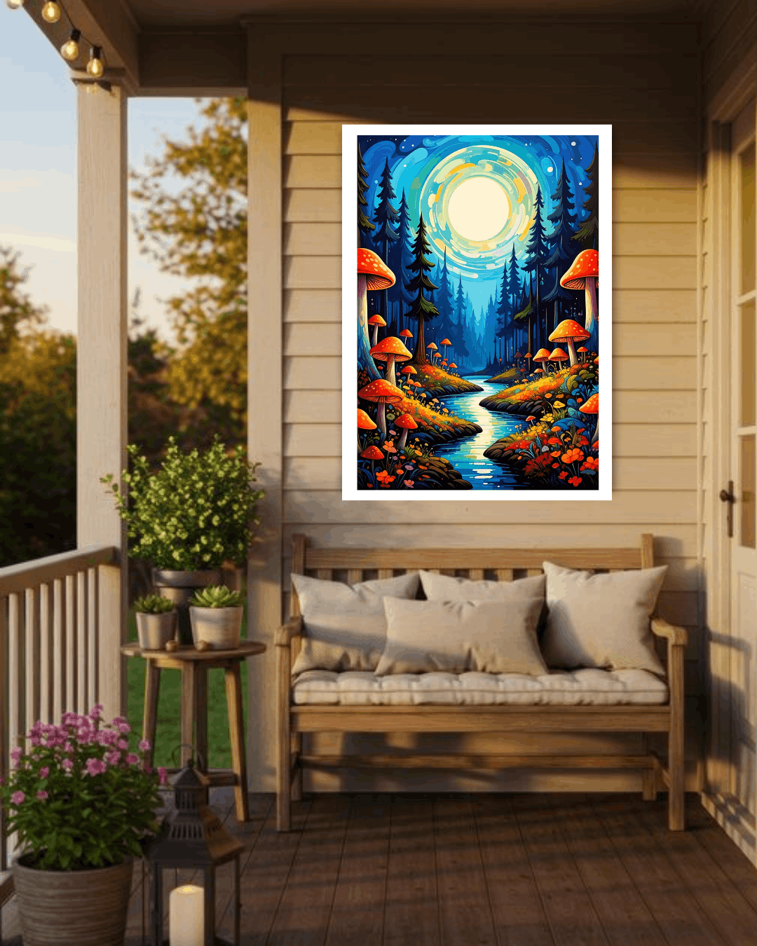 Framed artwork of a forest scene with mushrooms on a porch.
