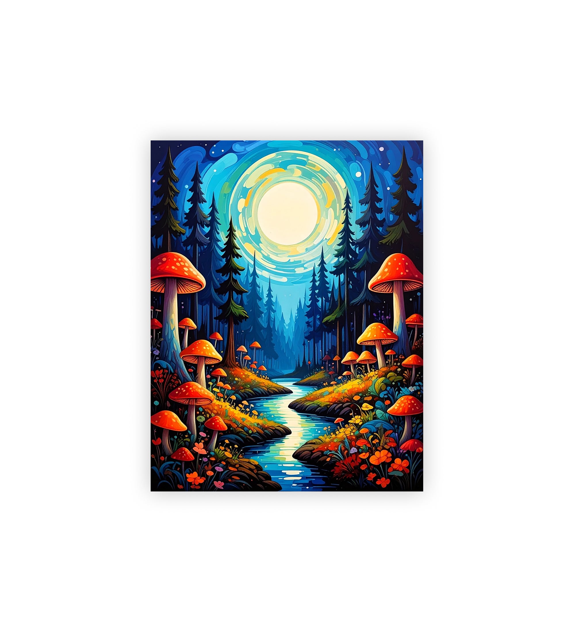 Framed artwork of a forest scene with mushrooms and a moonlit sky.