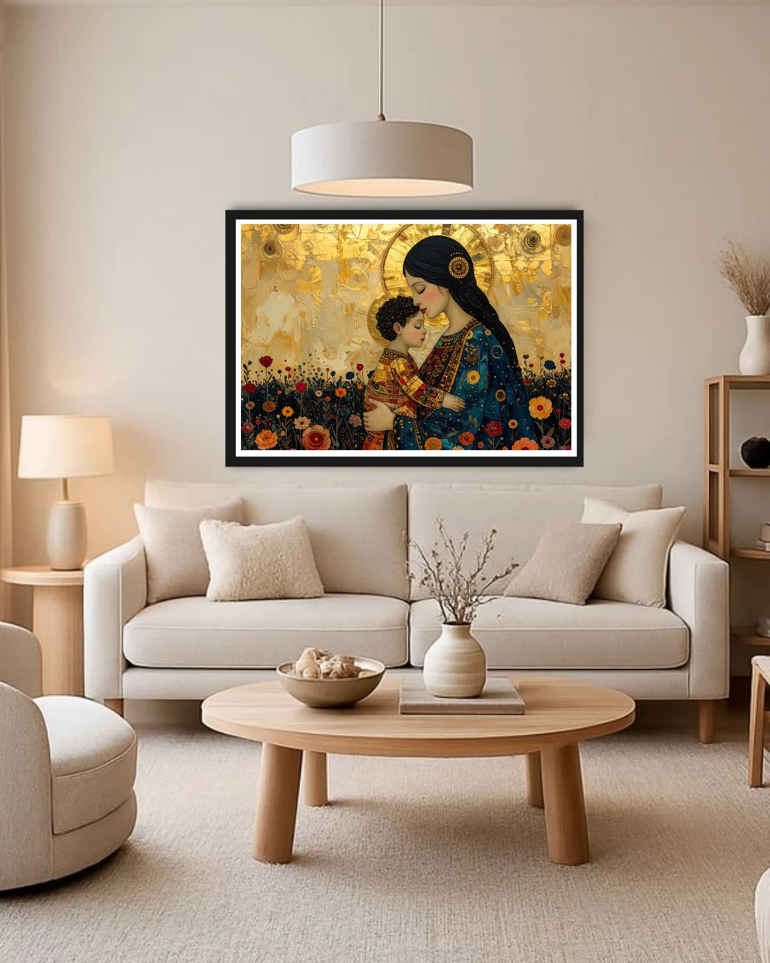 Mother and child wall art canvas above sofa