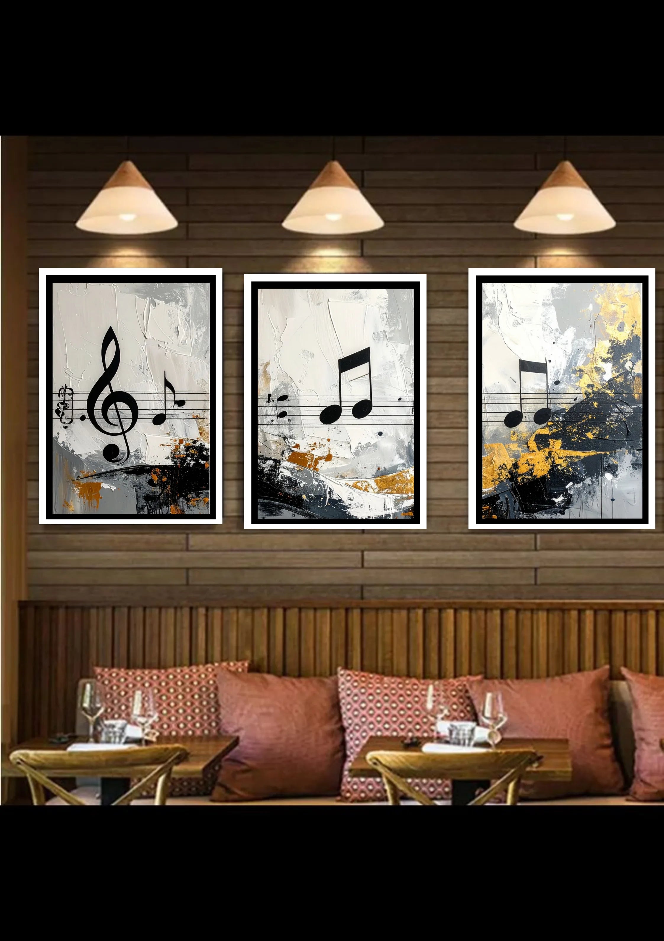 Music-themed canvas artwork set mounted above a dining bench in a modern café interior.