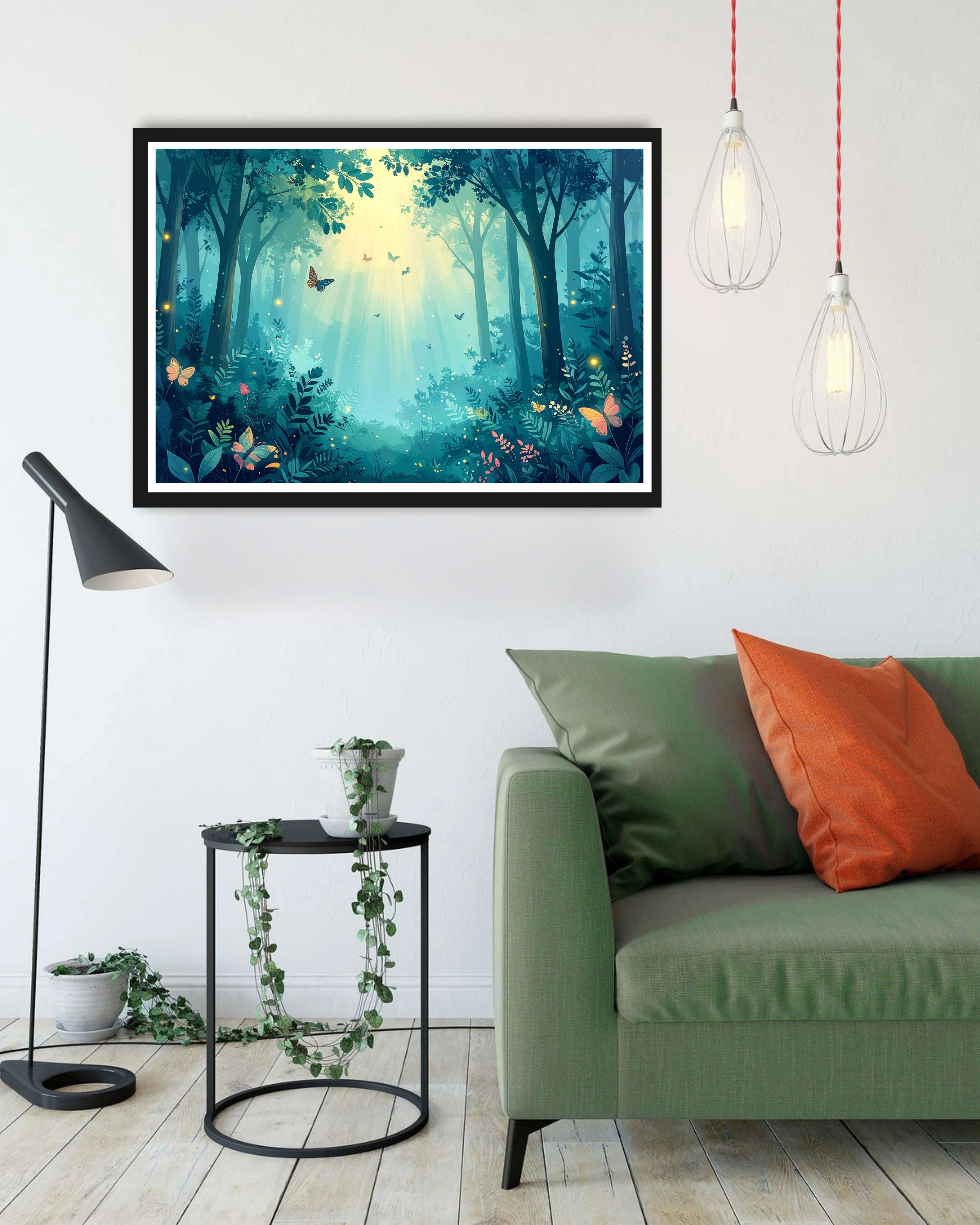 Mystical forest scene with butterflies and sunlight filtering through trees