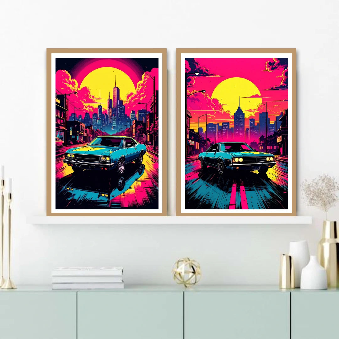 Neon retro city car wall art canvas painting set
