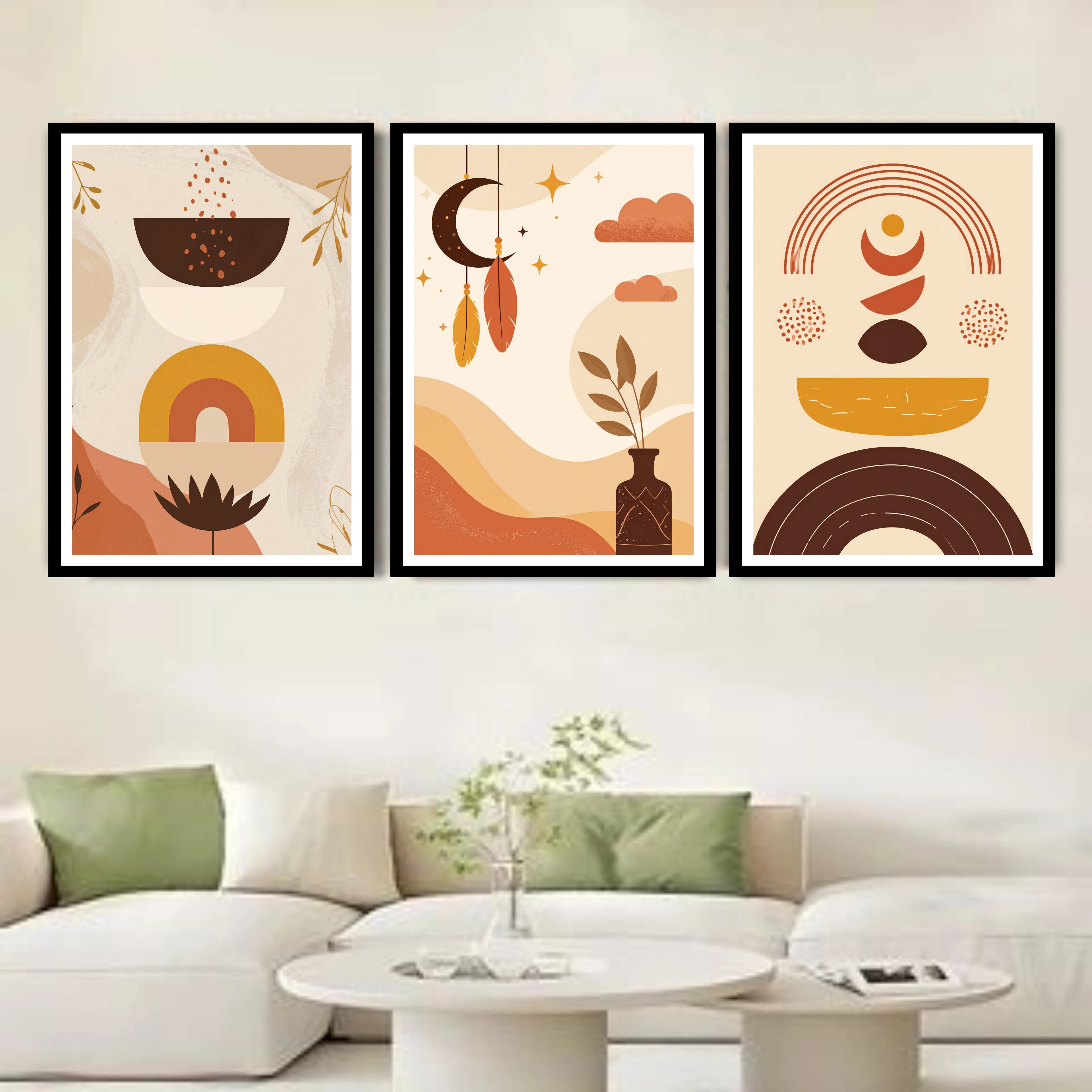 Neutral boho abstract canvas wall art three panel set in living room