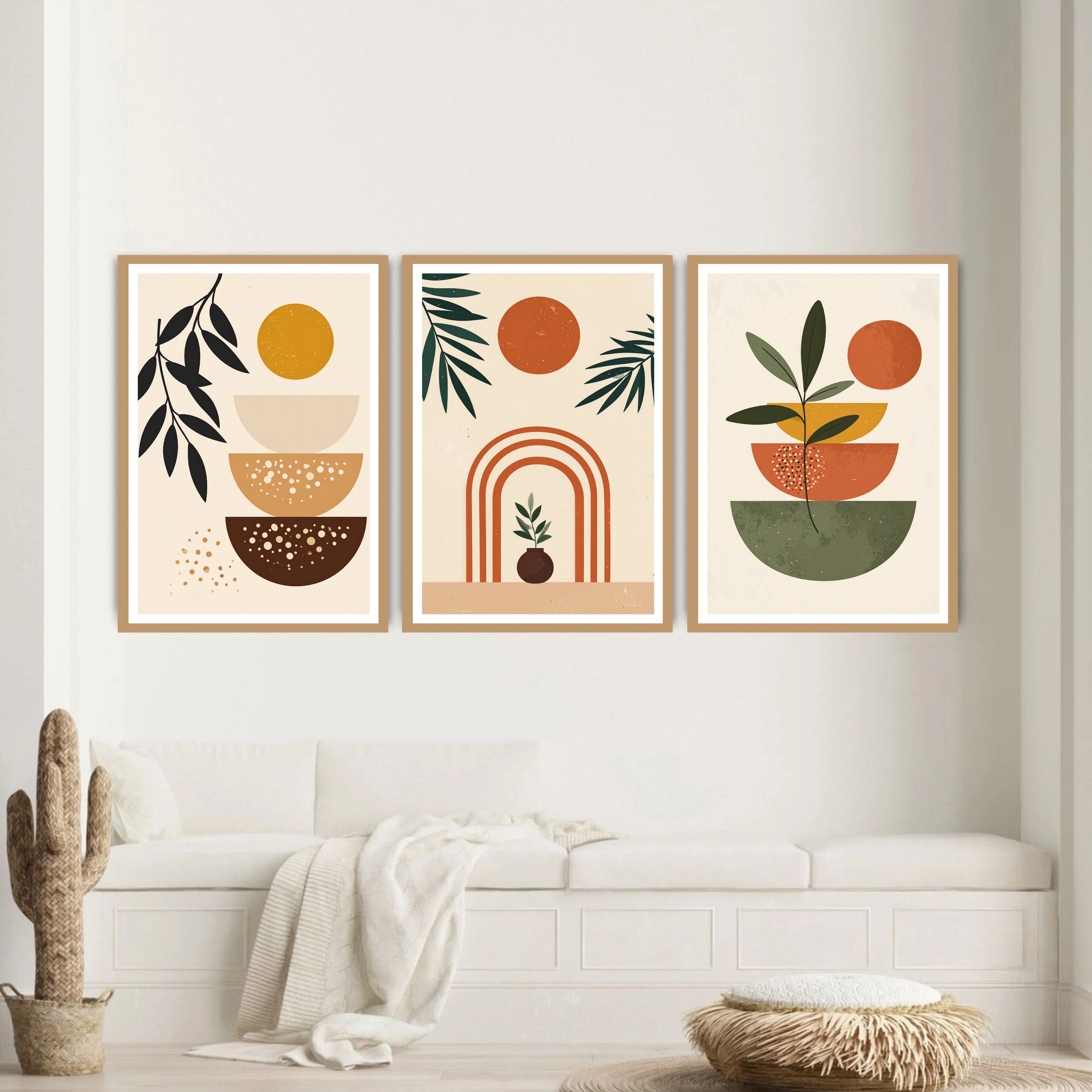 Neutral boho botanical canvas wall art three panel set in living room