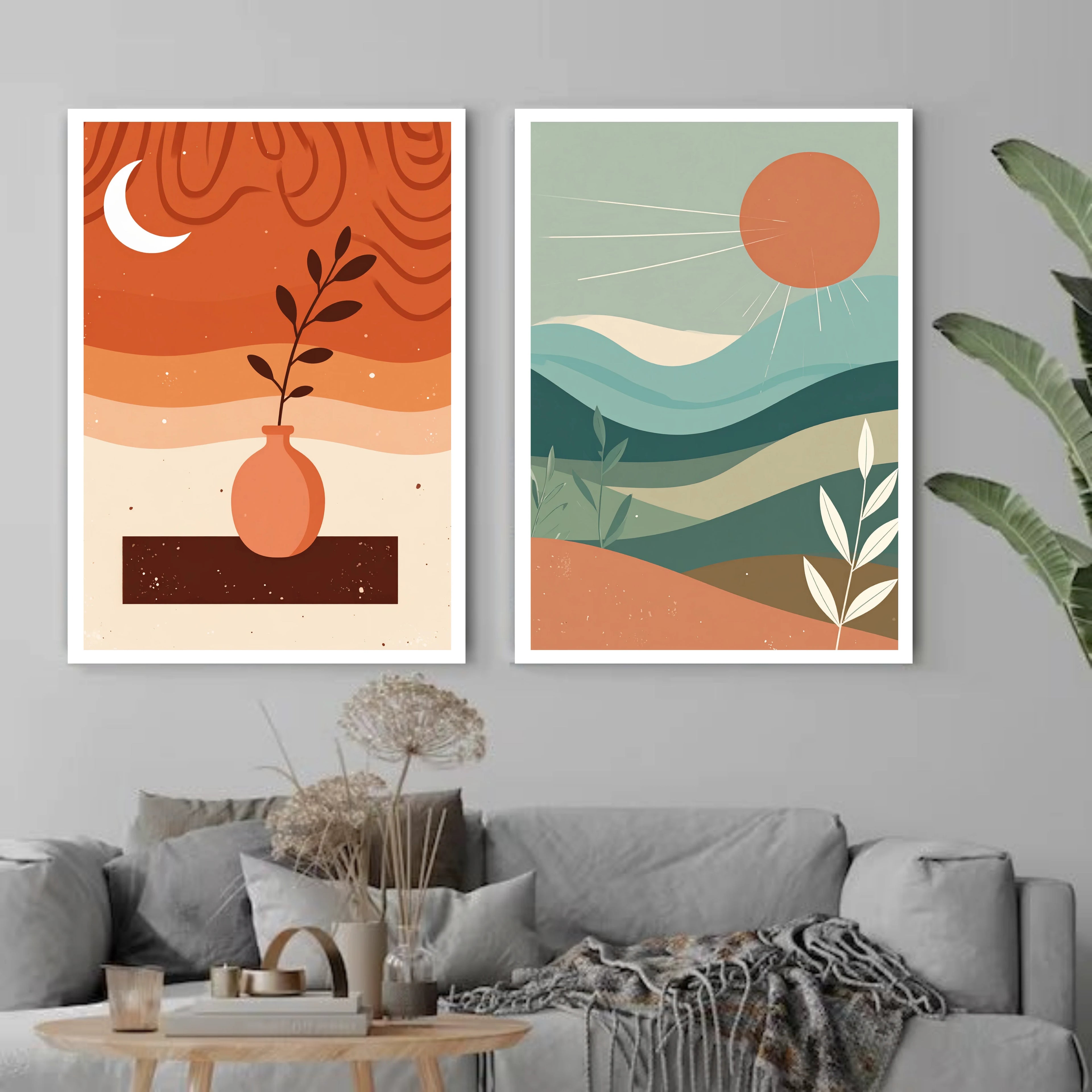 Neutral boho sun mountain plant canvas wall art set of three