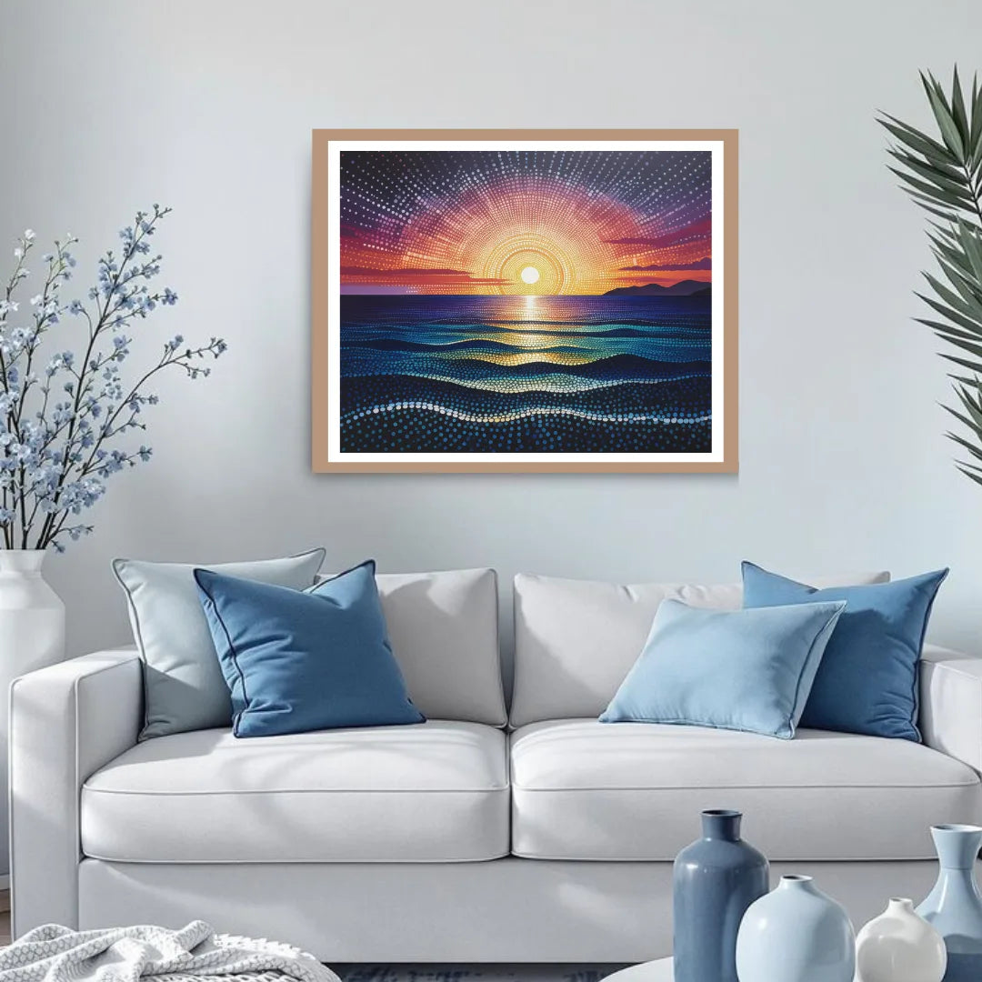 Ocean sunset wall art above sofa for elegant living room
