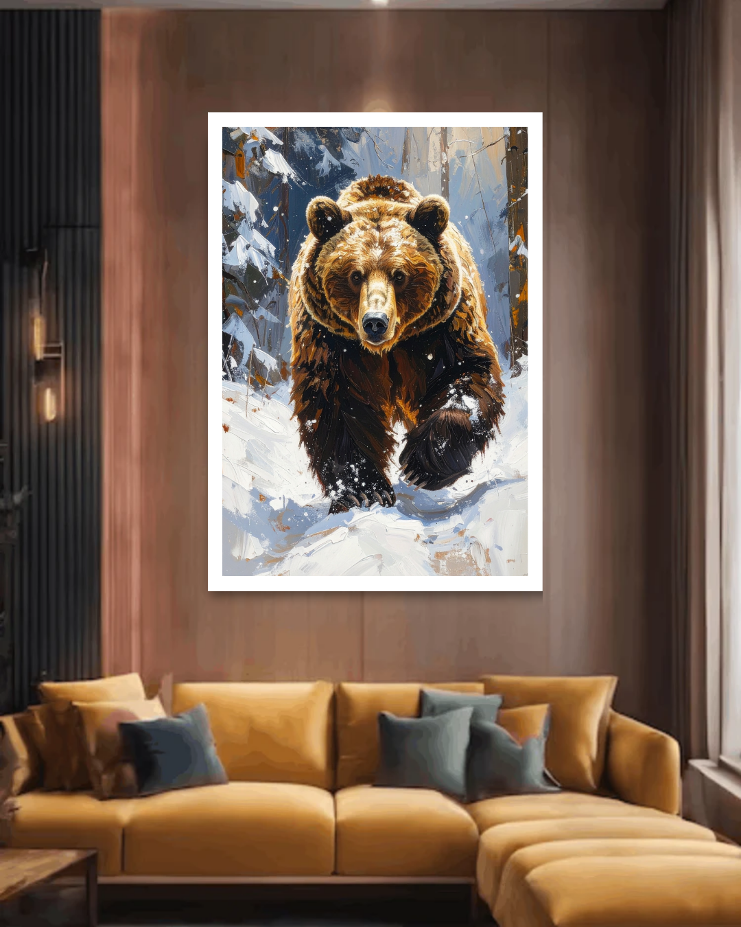 Poster of a bear in a snowy forest on a wall above a brown sofa with cushions.