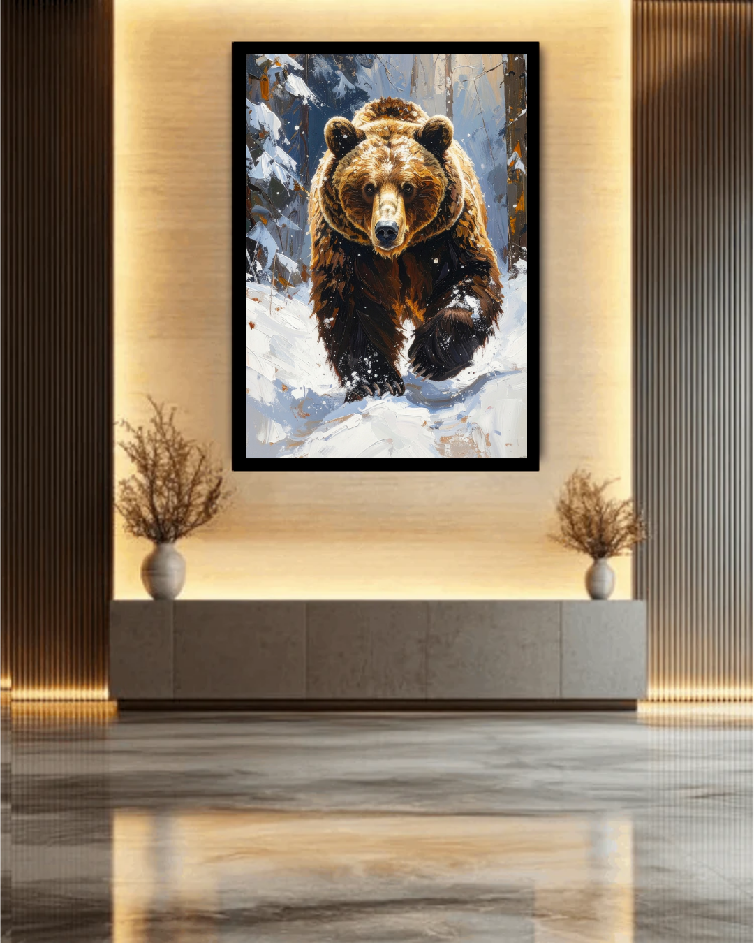 Framed artwork of a bear in a snowy forest on a wall in a modern interior.
