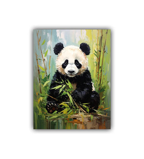 Painting of a panda bear sitting among bamboo plants