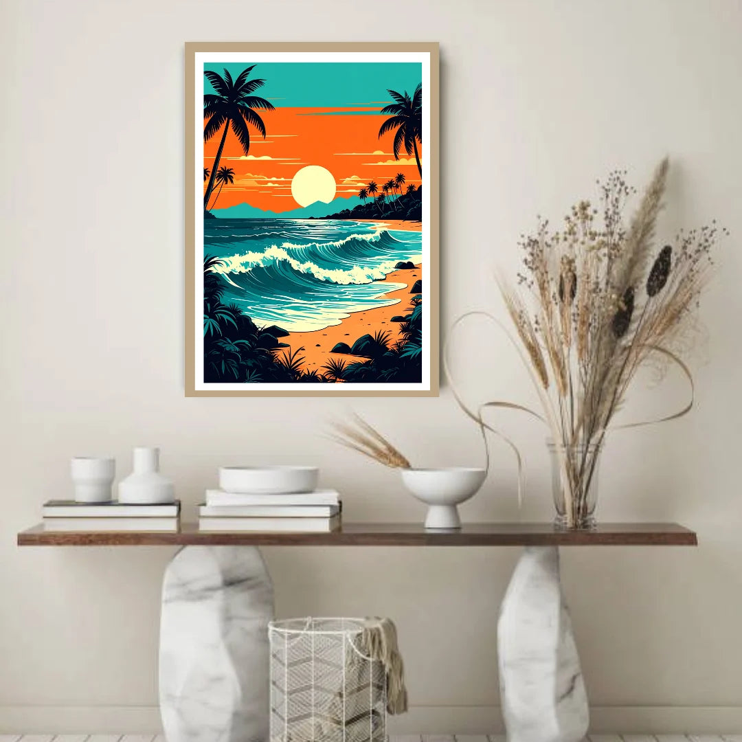 Palm tree sunset ocean canvas painting