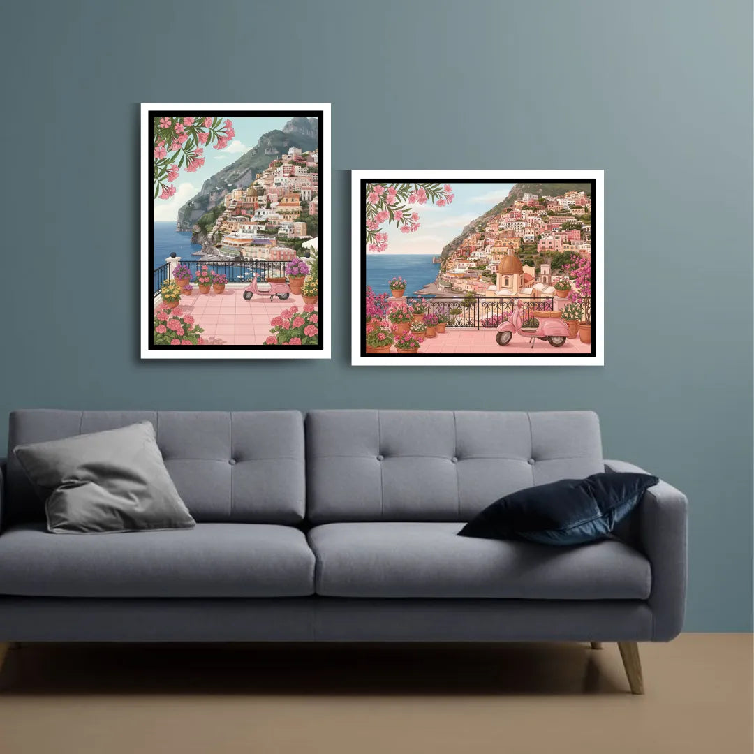 Floral coastal village canvas wall art set