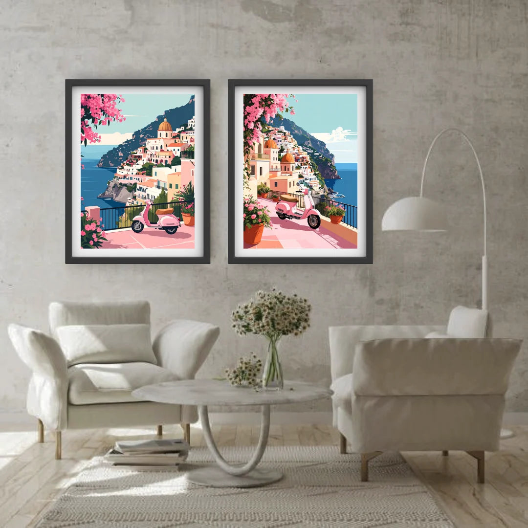 European hillside town canvas wall art set