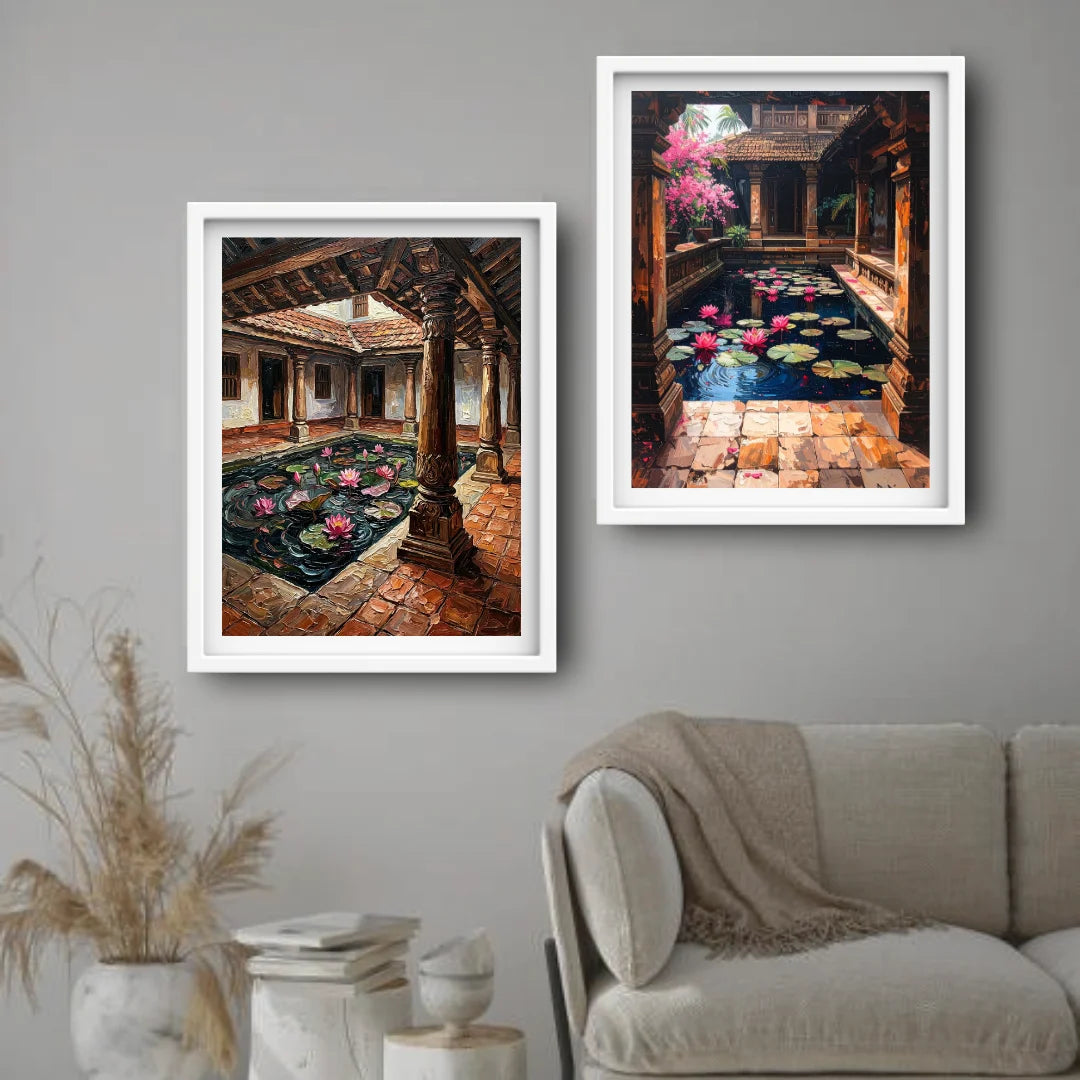 Vintage courtyard illustration canvas artwork
