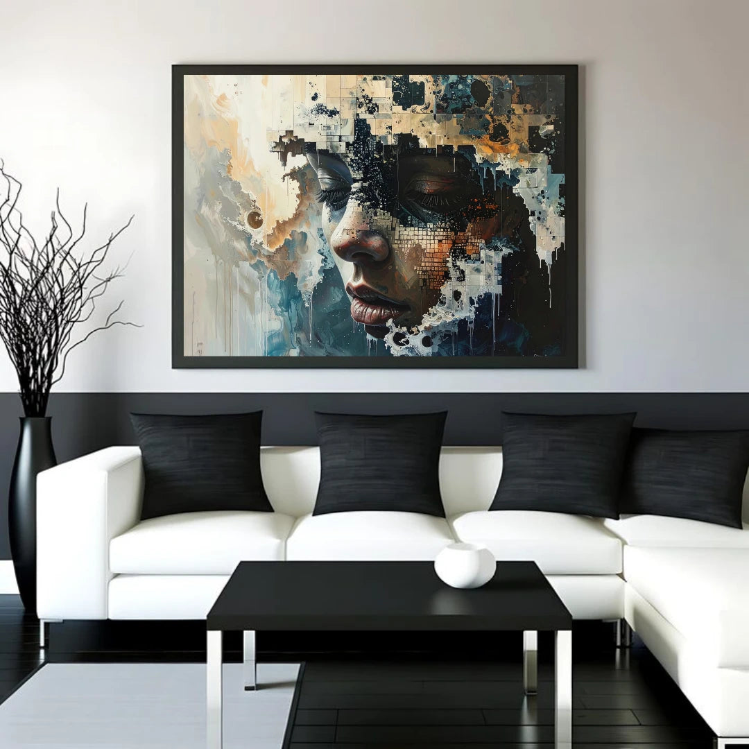 Abstract modern portrait wall art displayed above sofa in contemporary living room interior