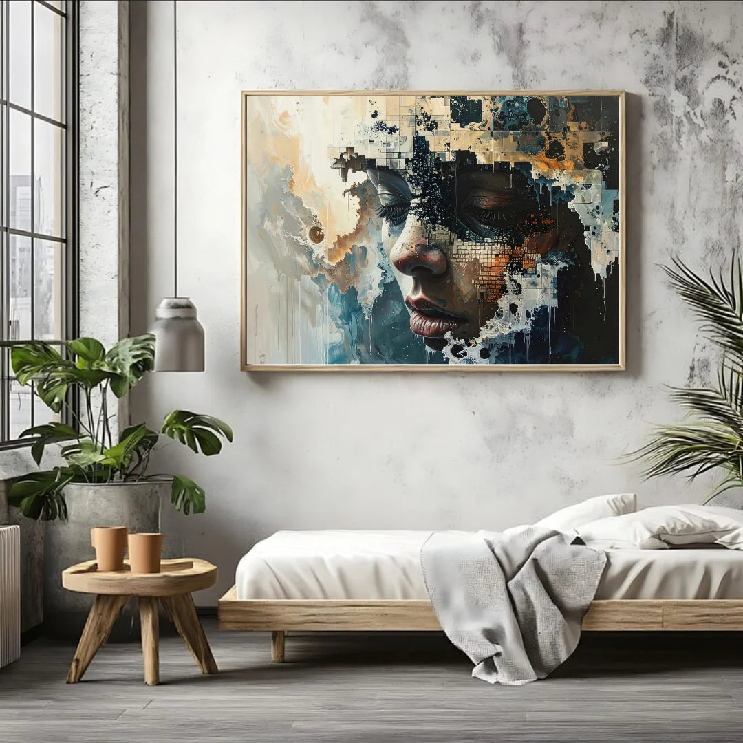 Modern abstract face painting wall art in minimalist white living room decor