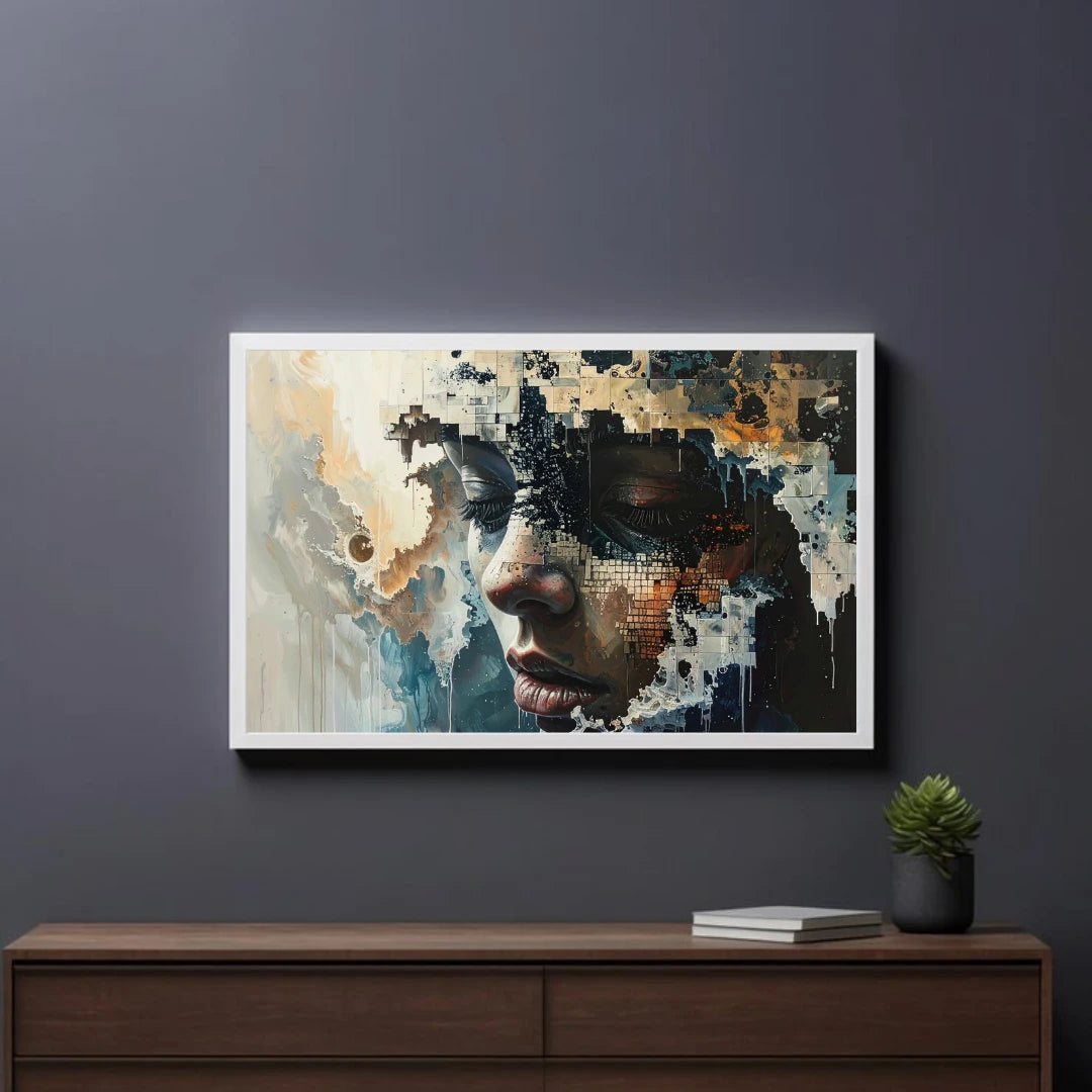 Abstract portrait wall painting with textured brush strokes on dark modern wall